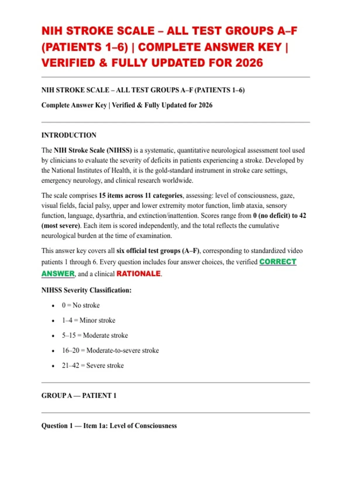 NIH STROKE SCALE – ALL TEST GROUPS A–F (PATIENTS 1–6) | COMPLETE ANSWER ...