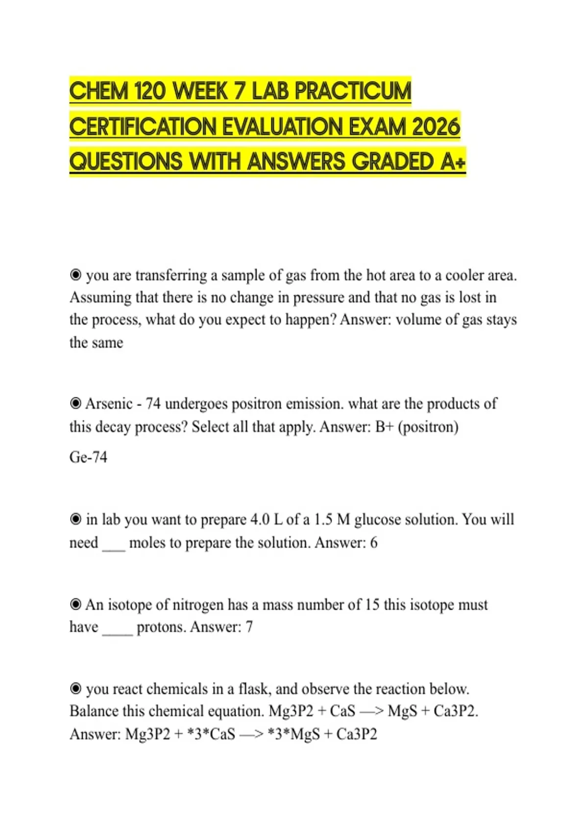 CHEM 120 WEEK 7 LAB PRACTICUM CERTIFICATION EVALUATION EXAM 2026 ...