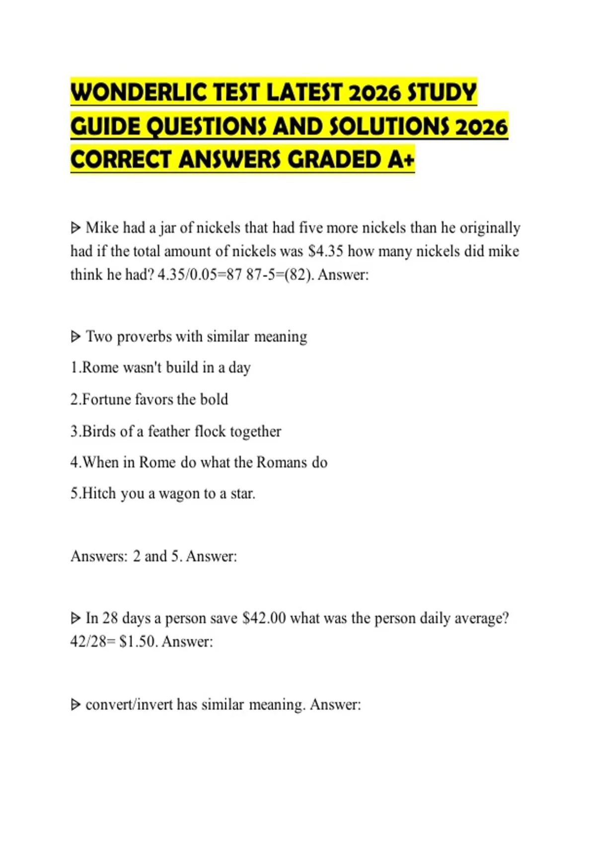 WONDERLIC TEST LATEST 2026 PRACTICE TEST BANK 2026 TESTED QUESTIONS ...