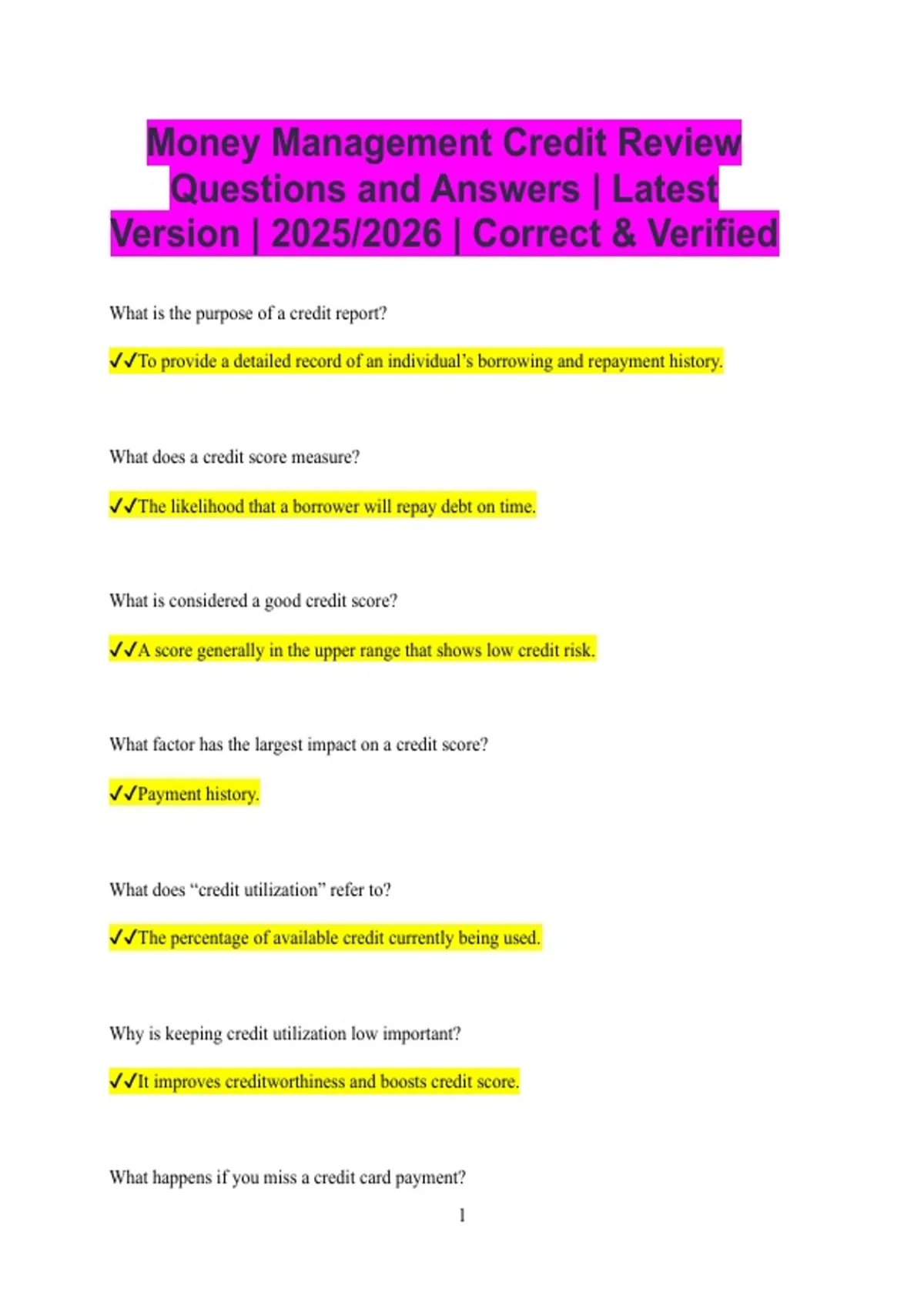 Money Management Credit Review Questions and Answers | Latest Version ...