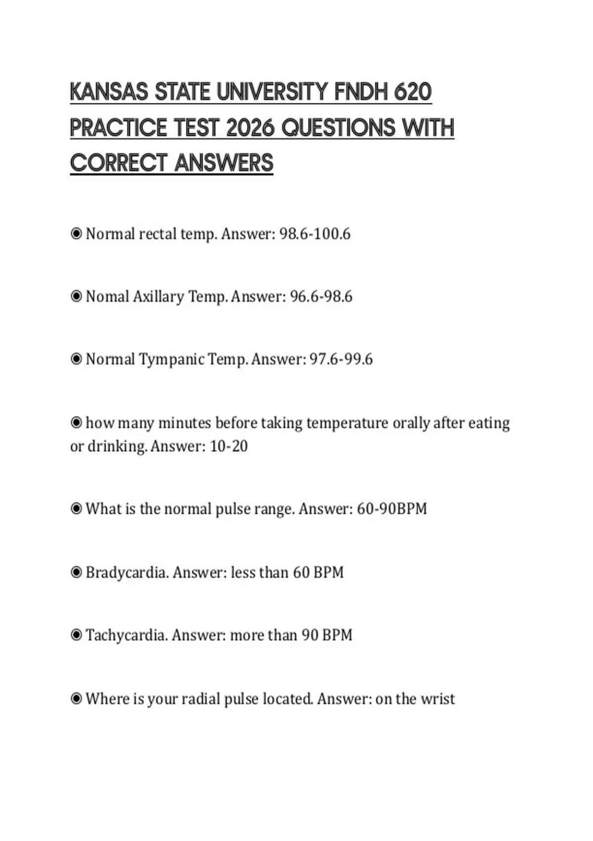 KANSAS STATE UNIVERSITY FNDH 620 PRACTICE TEST 2026 QUESTIONS WITH ...