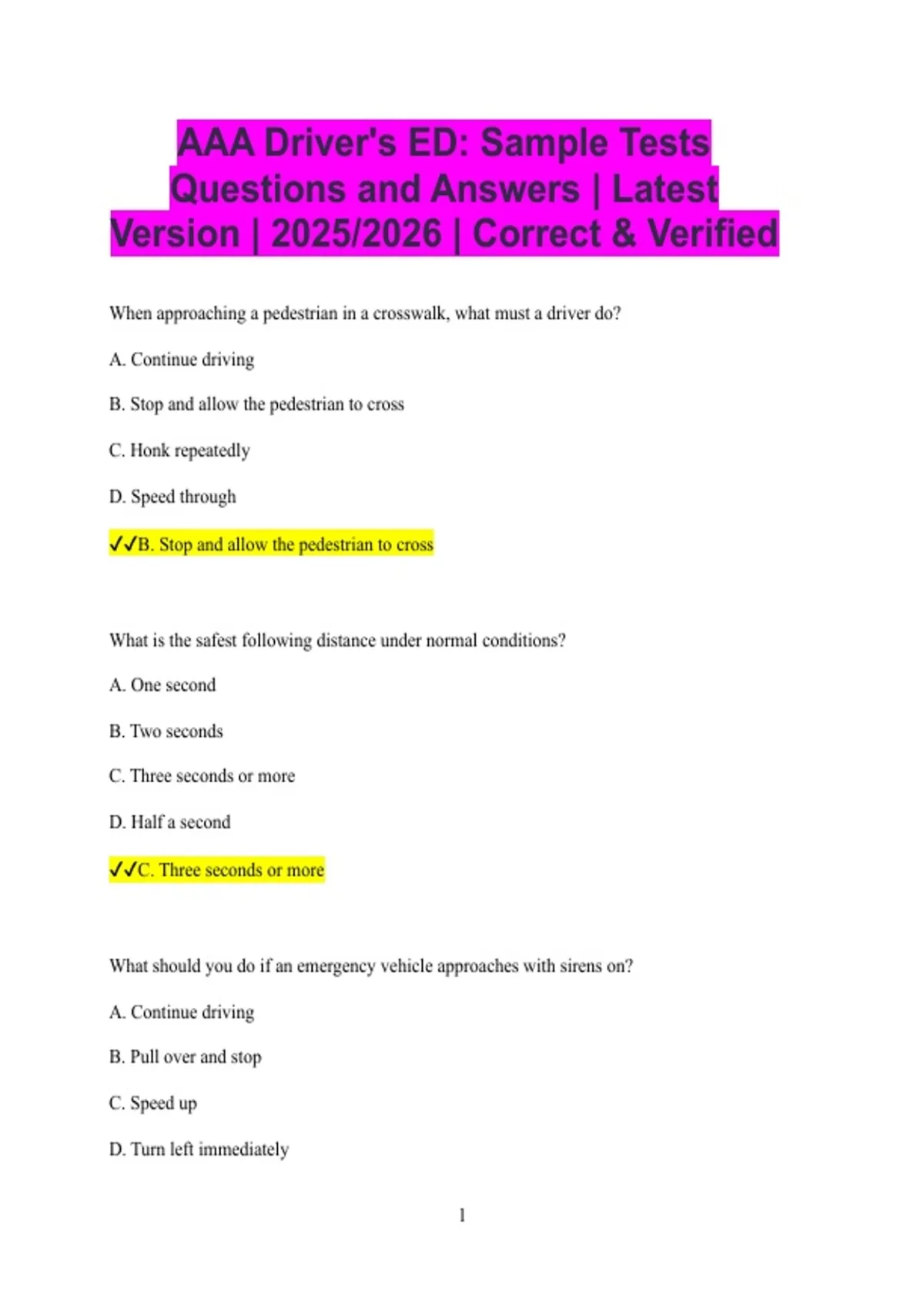AAA Driver's ED: Sample Tests Questions and Answers | Latest Version ...