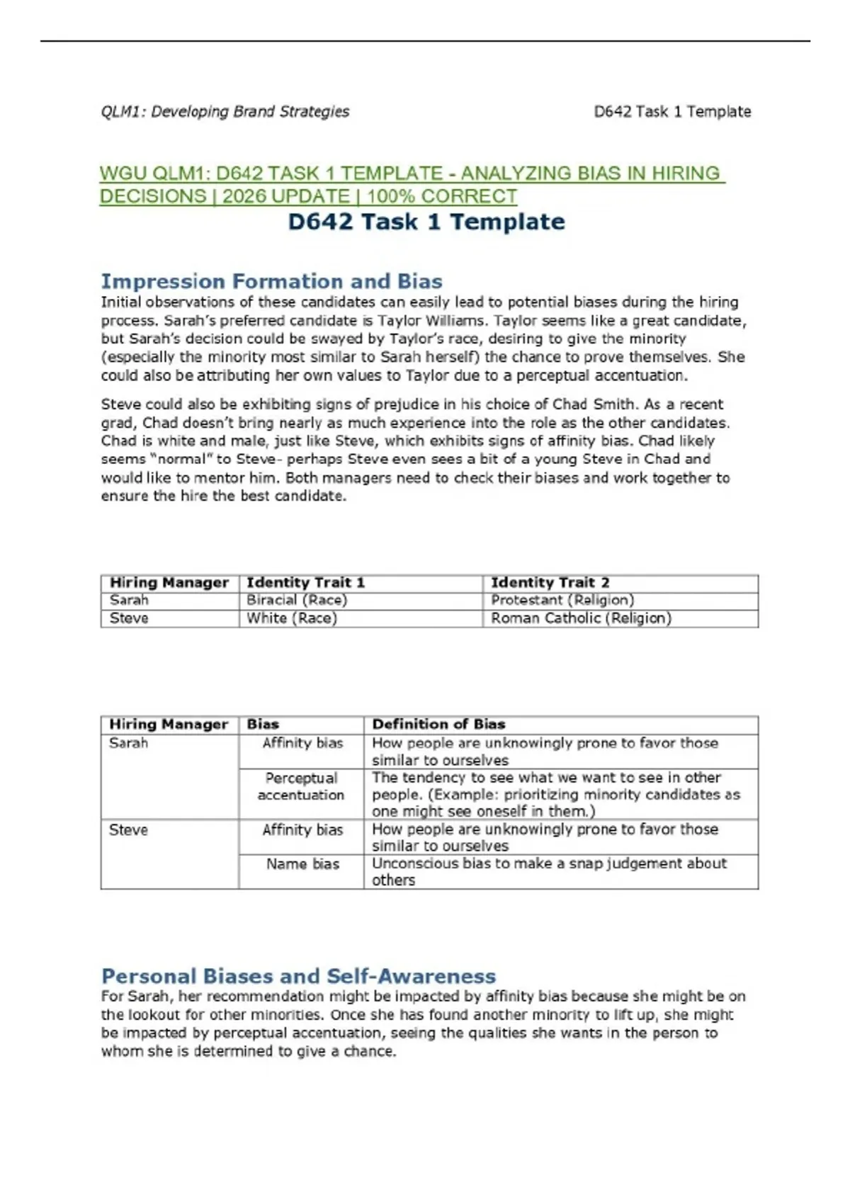 WGU QLM1: D642 TASK 1 TEMPLATE - ANALYZING BIAS IN HIRING DECISIONS ...