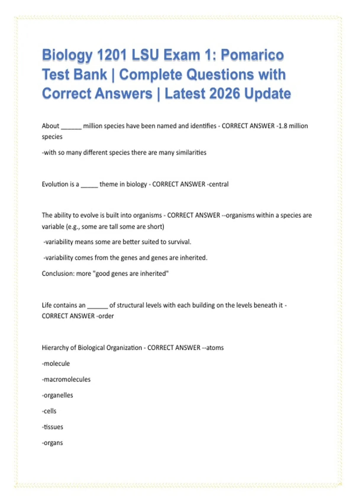 Biology 1201 LSU Exam 1 Pomarico Test Bank | Complete Questions with ...