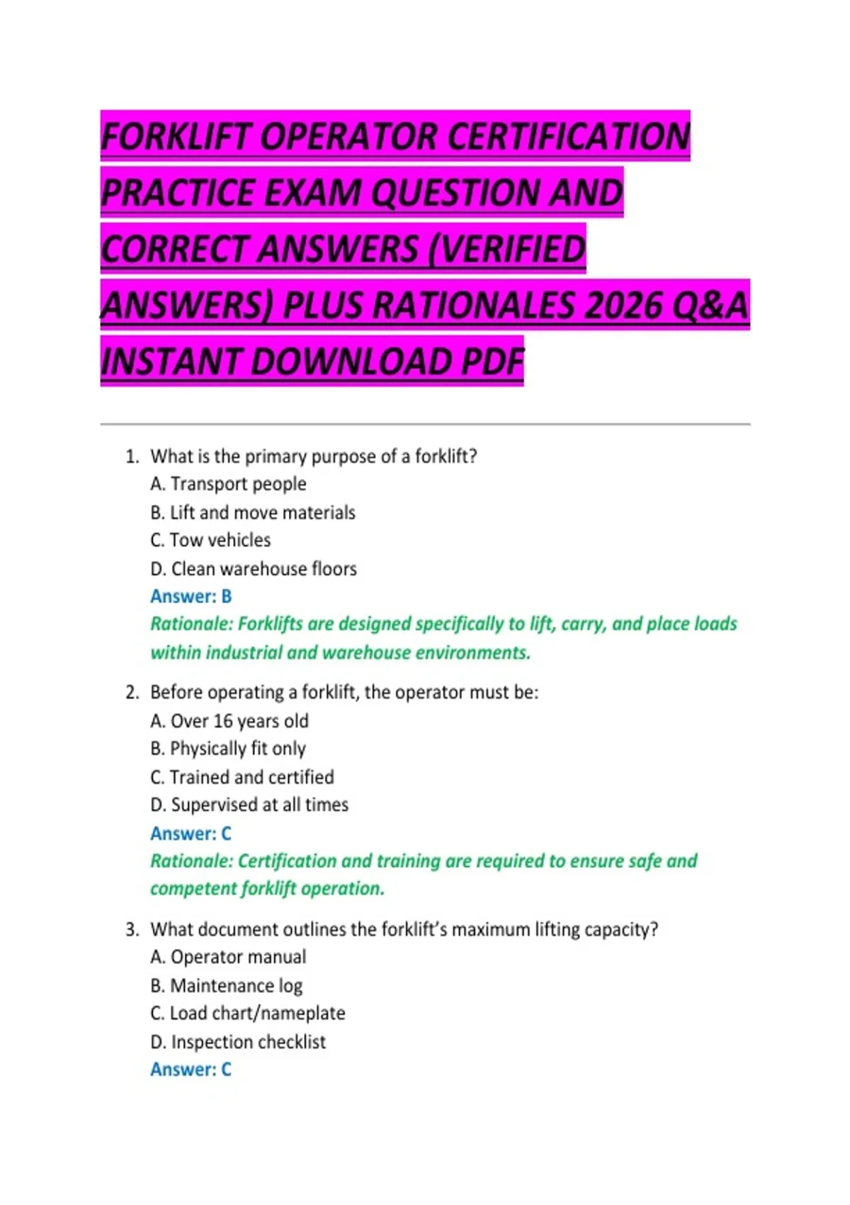 FORKLIFT OPERATOR CERTIFICATION PRACTICE EXAM QUESTION AND CORRECT ANSWERS (VERIFIED ANSWERS ...