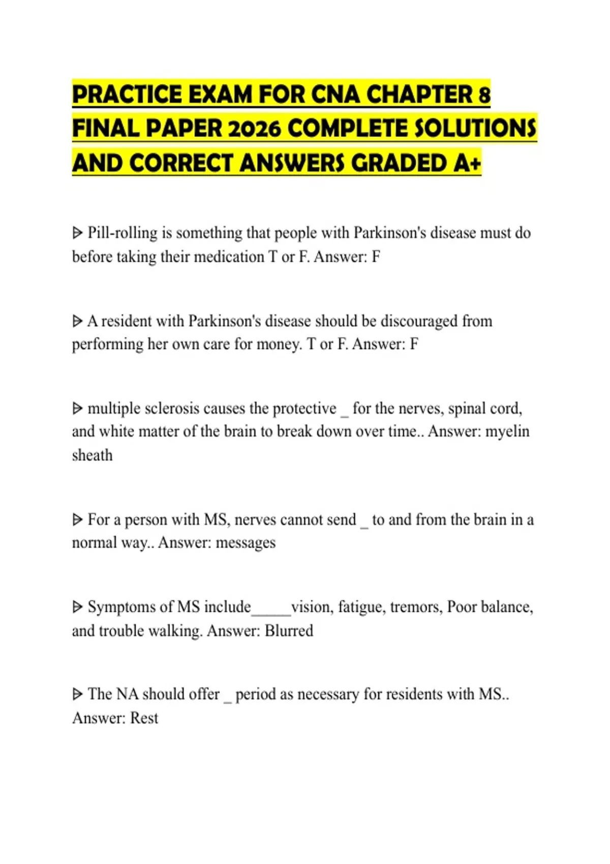 PRACTICE EXAM FOR CNA CHAPTER 8 FINAL PAPER 2026 COMPLETE SOLUTIONS AND CORRECT ANSWERS GRADED ...
