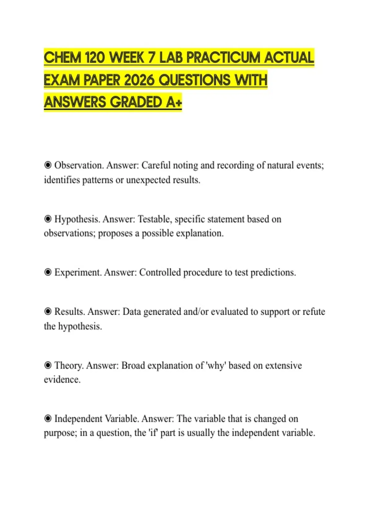 CHEM 120 WEEK 7 LAB PRACTICUM ACTUAL EXAM PAPER 2026 QUESTIONS WITH ...