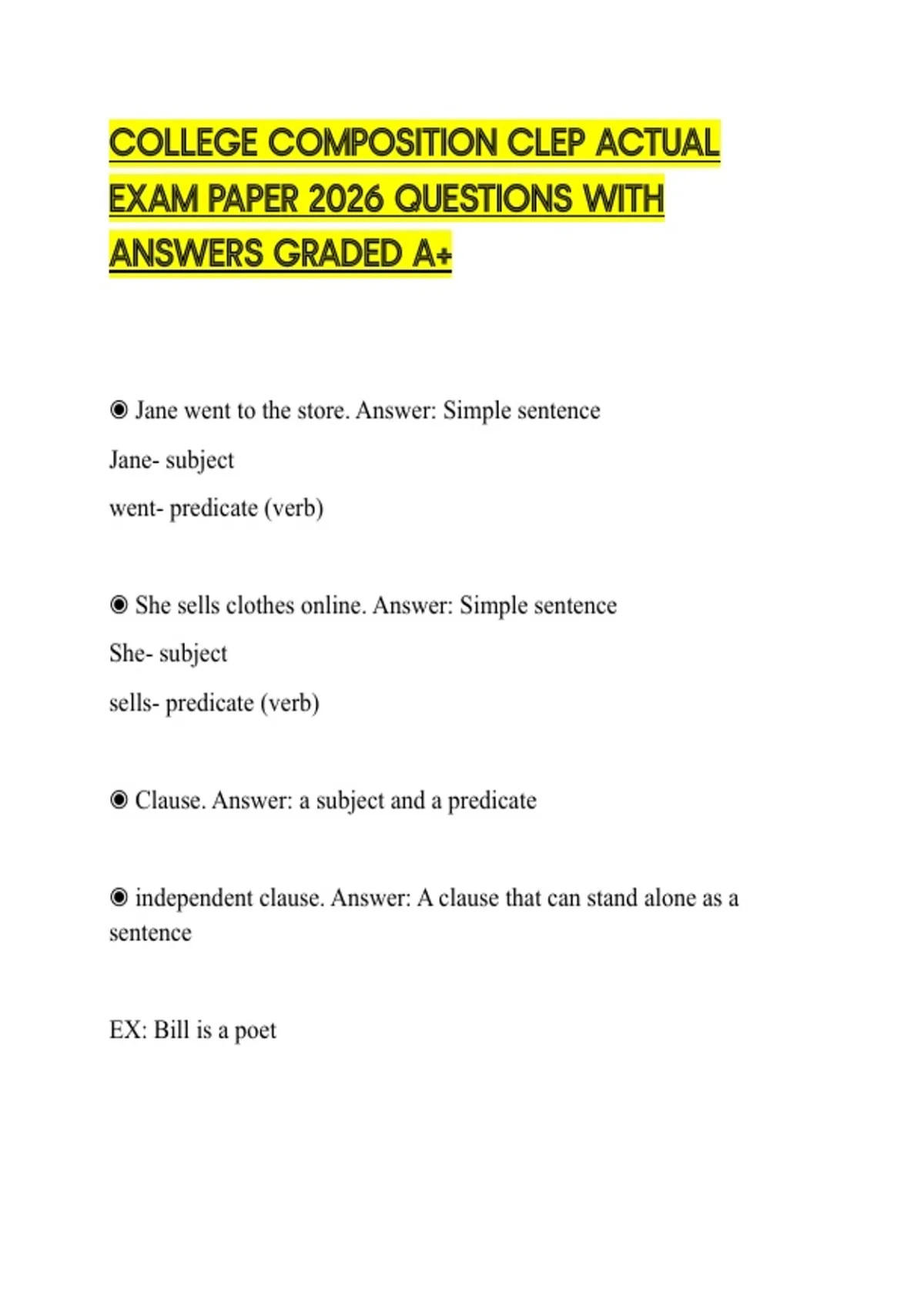 Test Paper Composition COLLEGE COMPOSITION CLEP ACTUAL EXAM PAPER 2026 QUESTIONS WITH ANSWERS ...