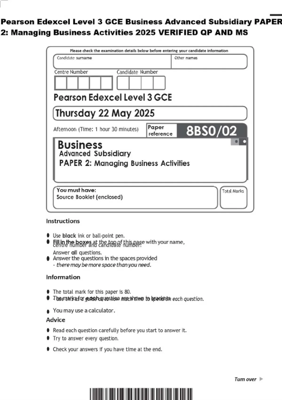 Pearson Edexcel Level 3 GCE Business Advanced Subsidiary PAPER 2 ...
