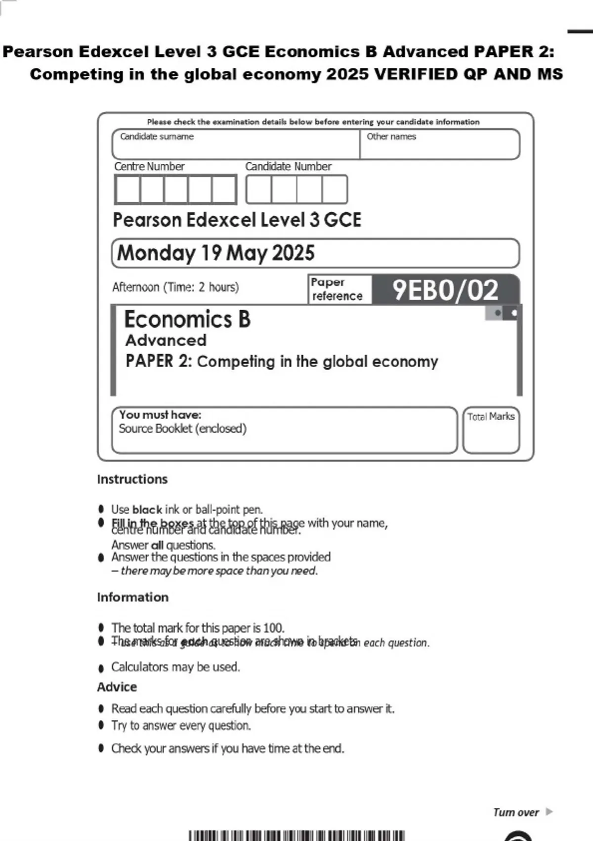 Pearson Edexcel Level 3 GCE Economics B Advanced PAPER 2: Competing in ...