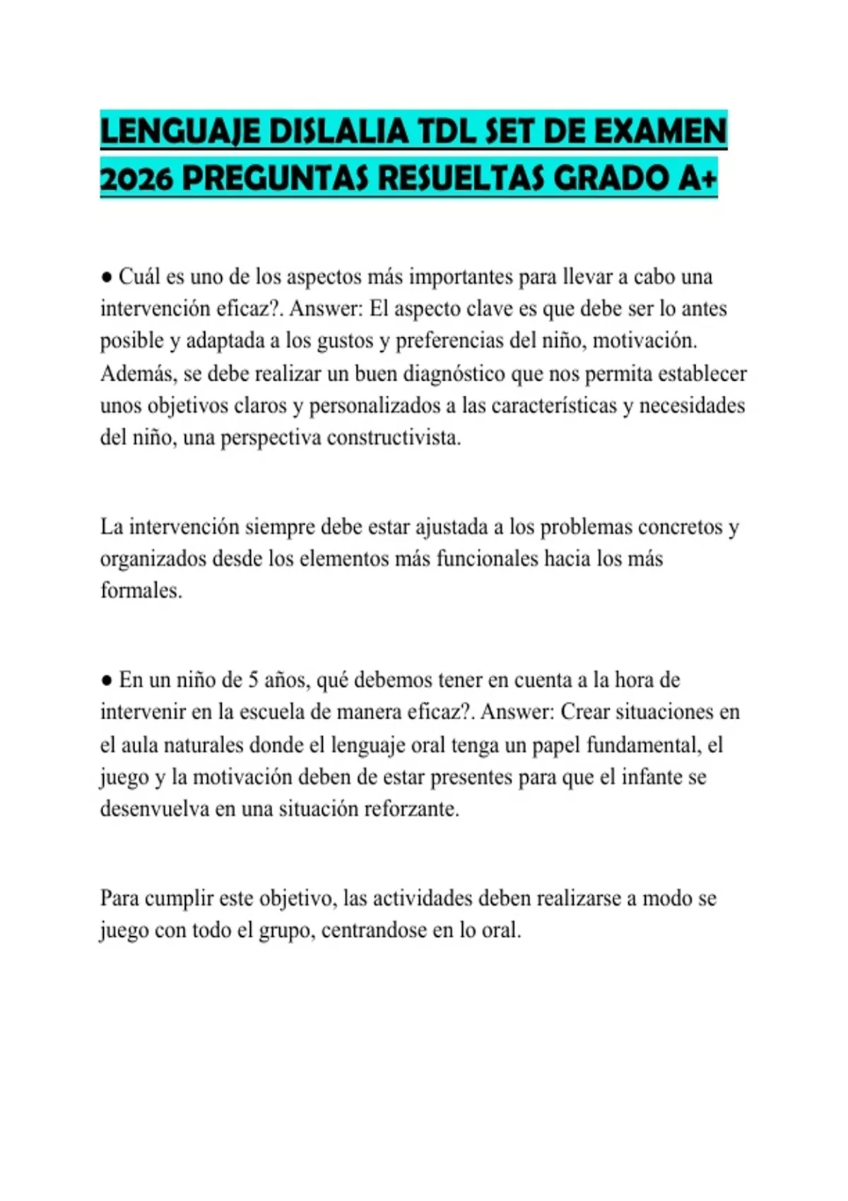 LENGUAJE DISLALIA TDL SET DE EXAMEN 2026 PREGUNTAS RESUELTAS GRADO A+ ...