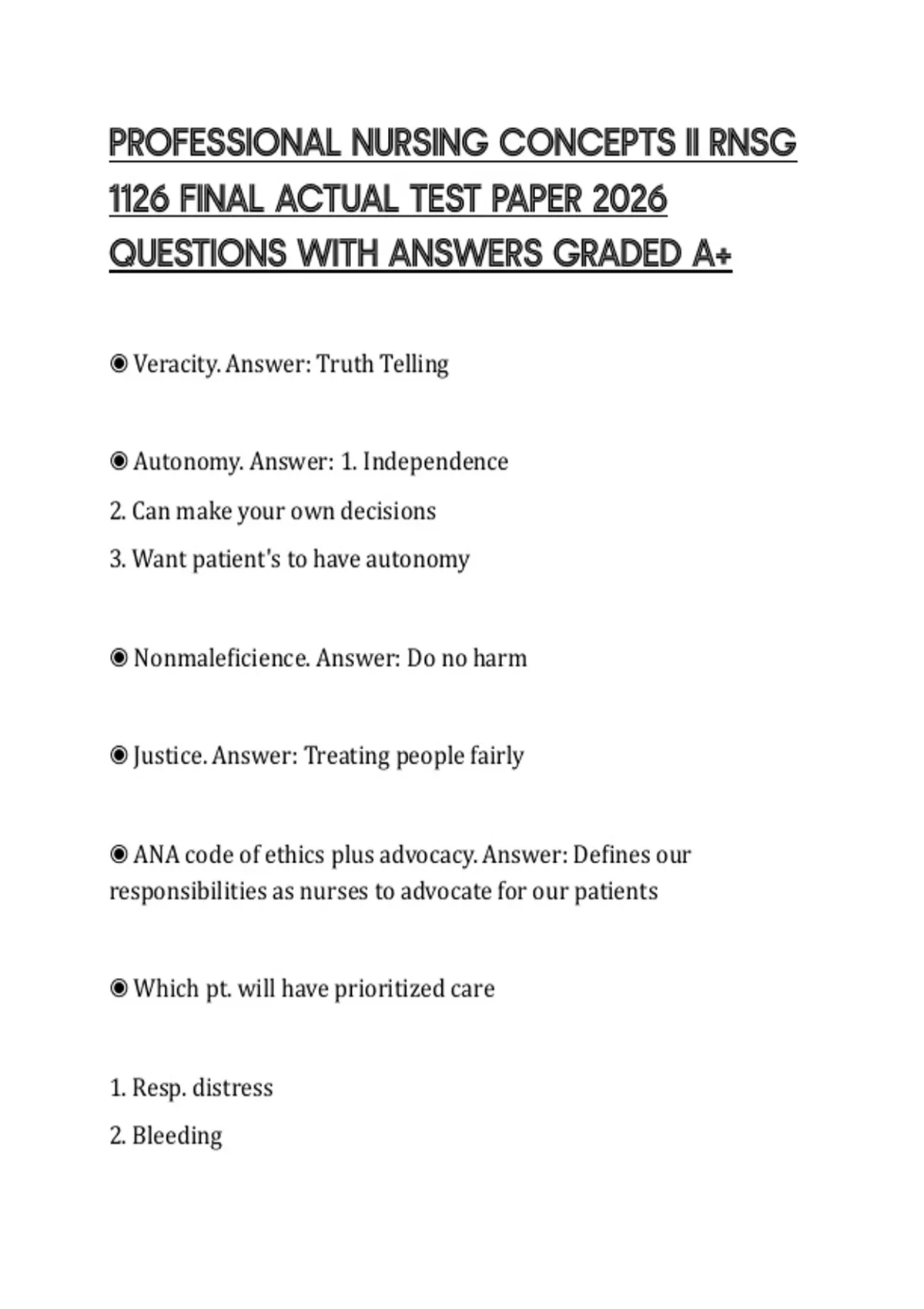 PROFESSIONAL NURSING CONCEPTS II RNSG 1126 FINAL ACTUAL TEST PAPER 2026 ...