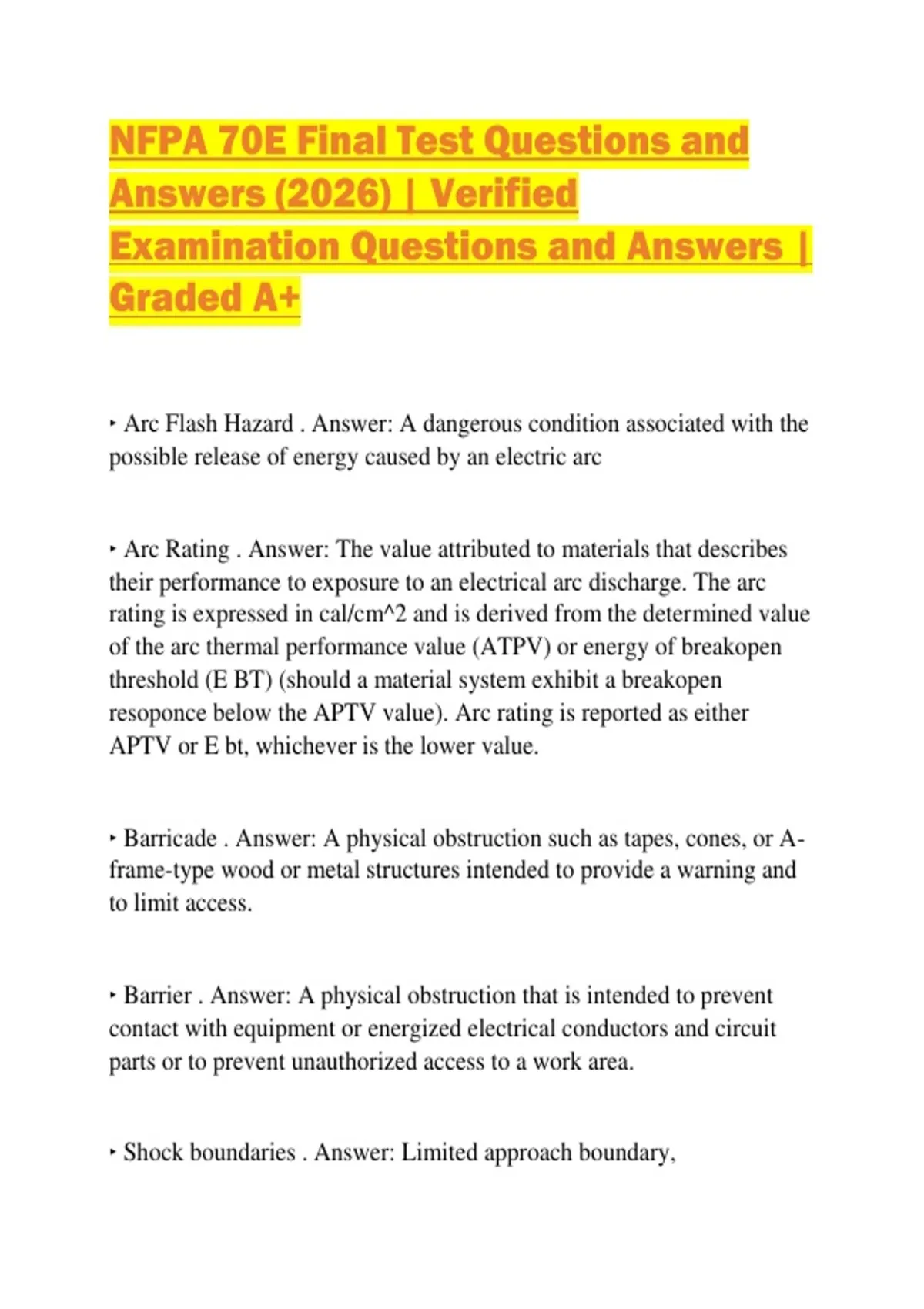 NFPA 70E Final Test Questions and Answers (2026) | Verified Examination Questions and Answers ...