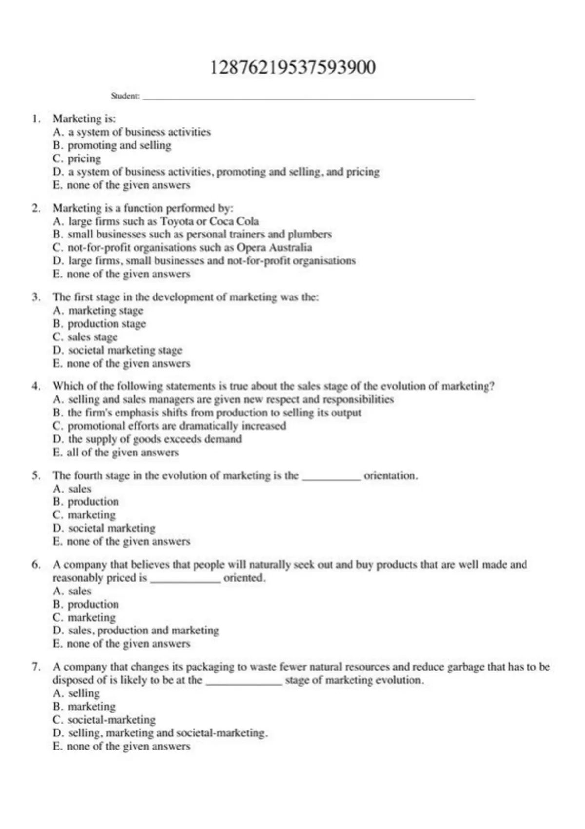 practice test bank questions, final exam : Rix - Marketing_ A Practical ...