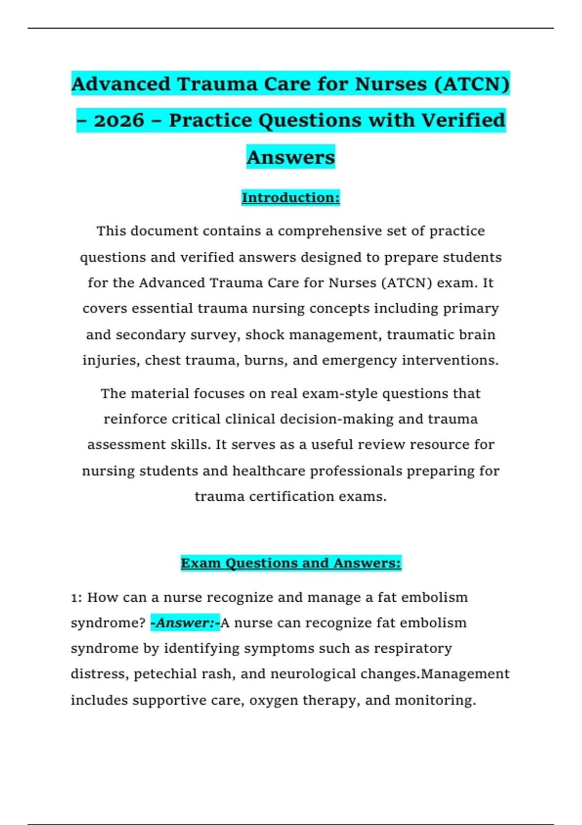 Advanced Trauma Care for Nurses (ATCN) – 2026 – Practice Questions with ...