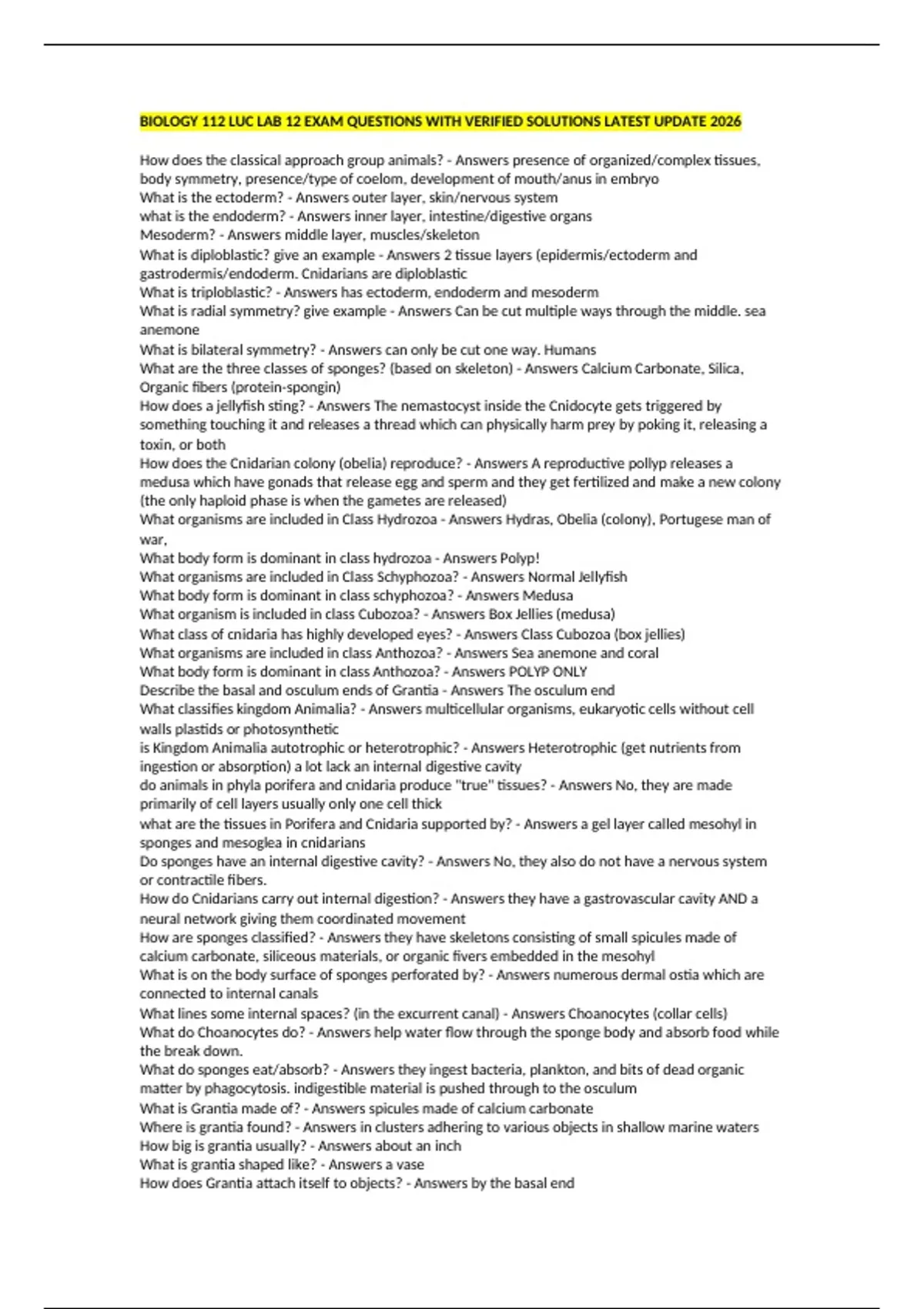 BIOLOGY 112 LUC LAB 12 EXAM QUESTIONS WITH VERIFIED SOLUTIONS LATEST ...