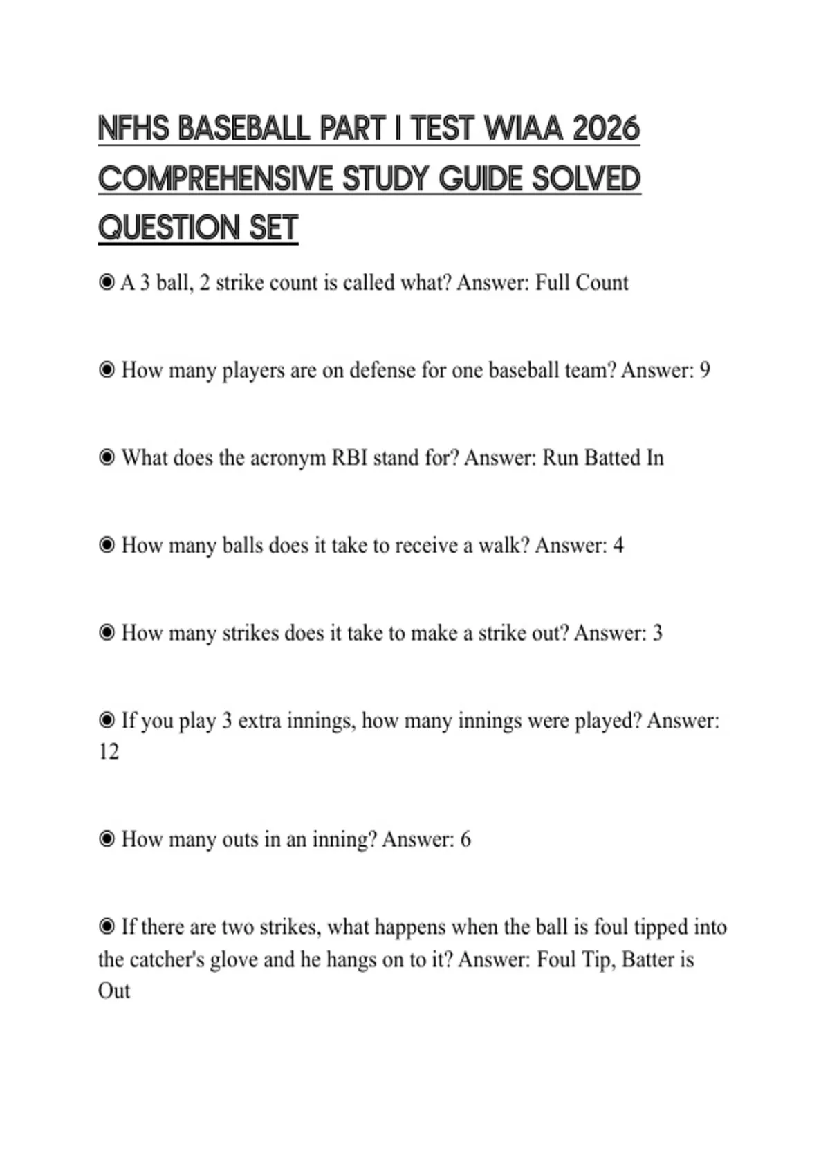 NFHS BASEBALL PART I TEST WIAA 2026 COMPREHENSIVE STUDY GUIDE SOLVED ...