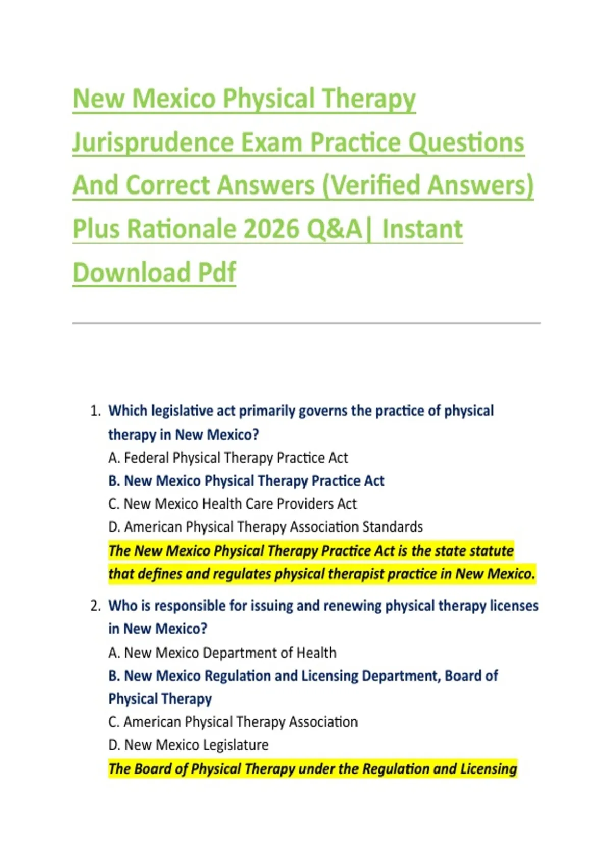 New Mexico Physical Therapy Jurisprudence Exam Practice Questions And Correct Answers (Verified ...