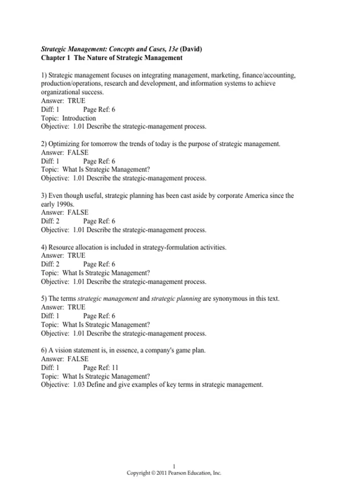 practice test bank questions, final exam : Strategic Management - David ...