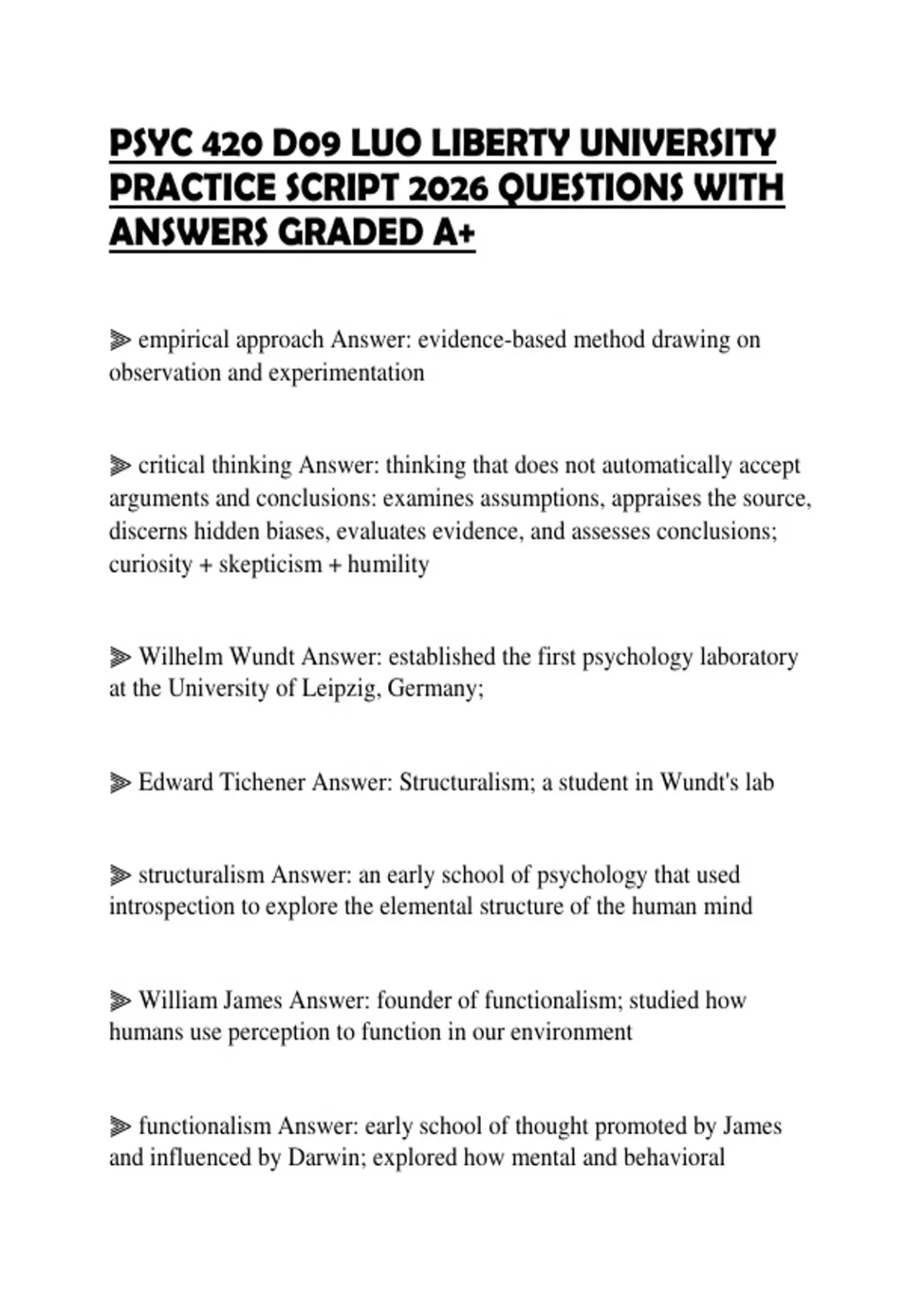 PSYC 420 D09 LUO LIBERTY UNIVERSITY PRACTICE SCRIPT 2026 QUESTIONS WITH ...
