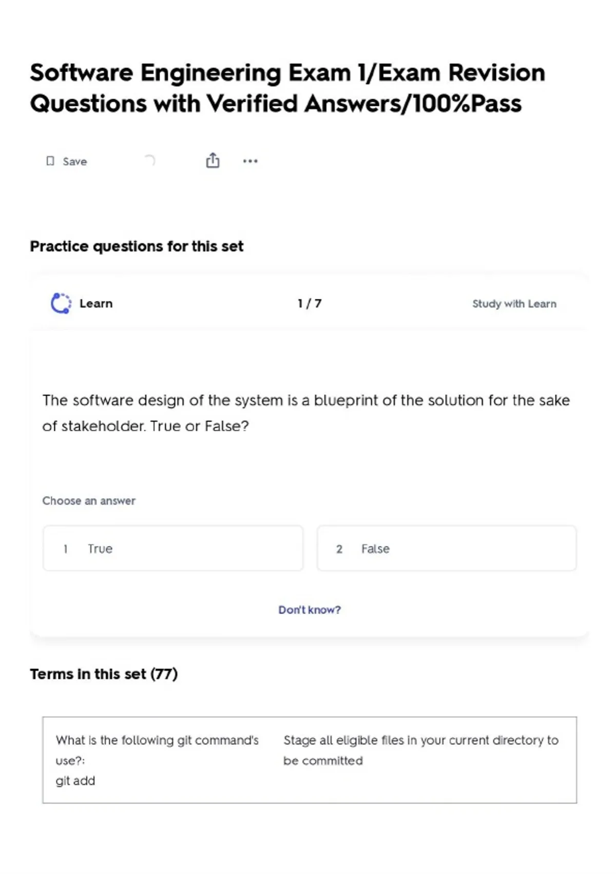 Engineering Test One Question Software Engineering Exam 1/Exam Revision Questions with Verified ...