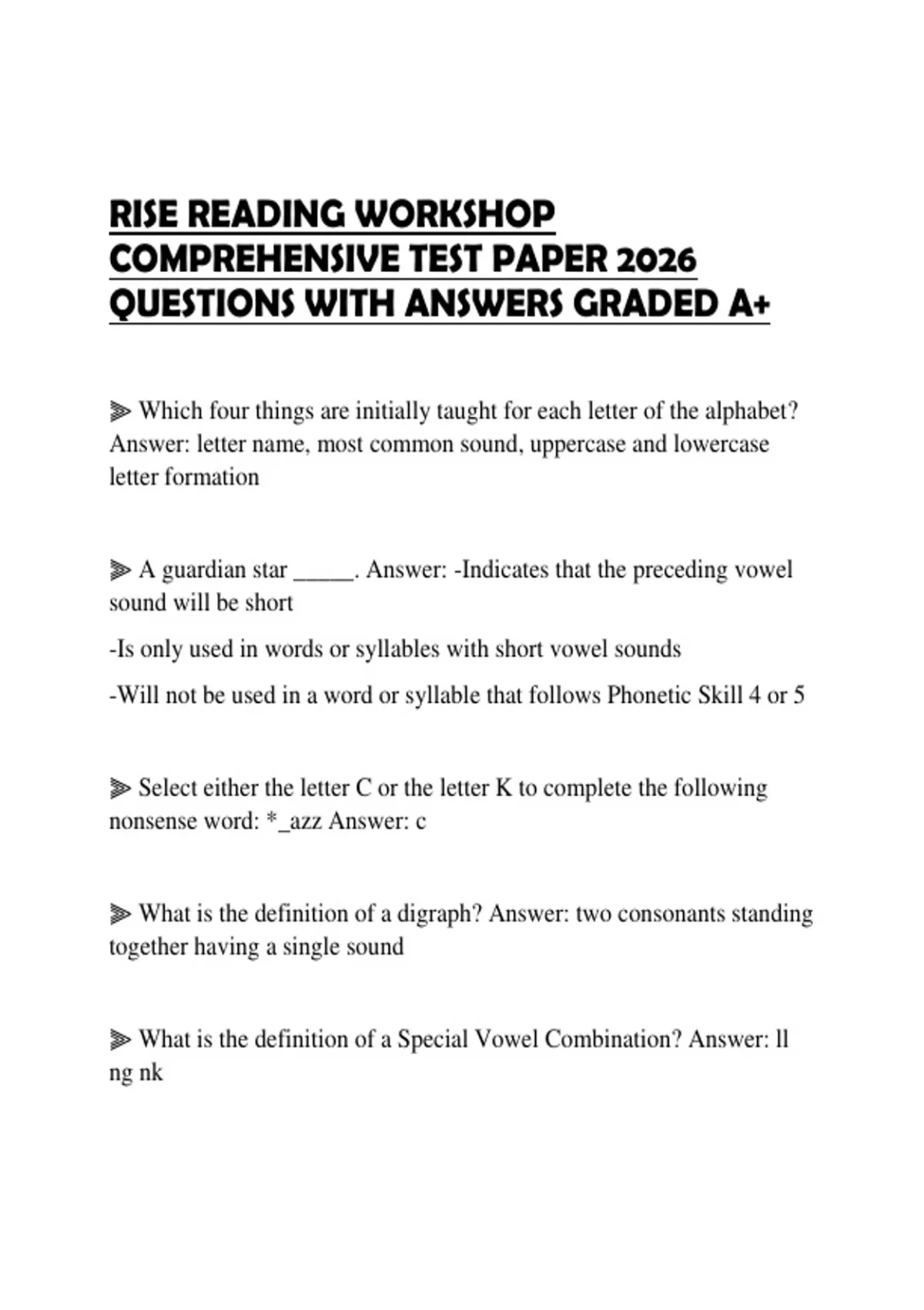 RISE READING WORKSHOP COMPREHENSIVE TEST PAPER 2026 QUESTIONS WITH ANSWERS GRADED A+ - RISE ...