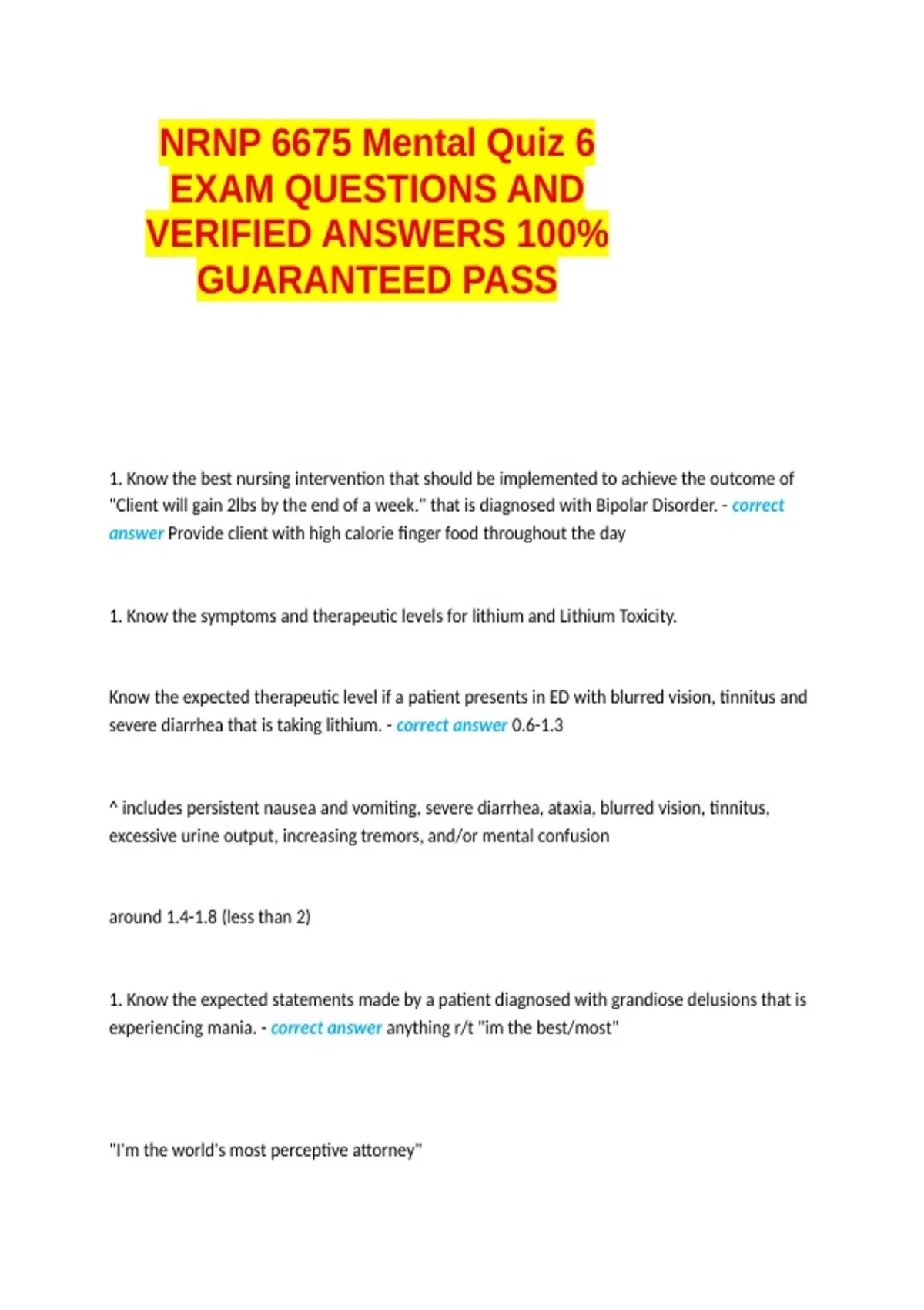 NRNP 6675 Mental Quiz 6 EXAM QUESTIONS AND VERIFIED ANSWERS 100% ...