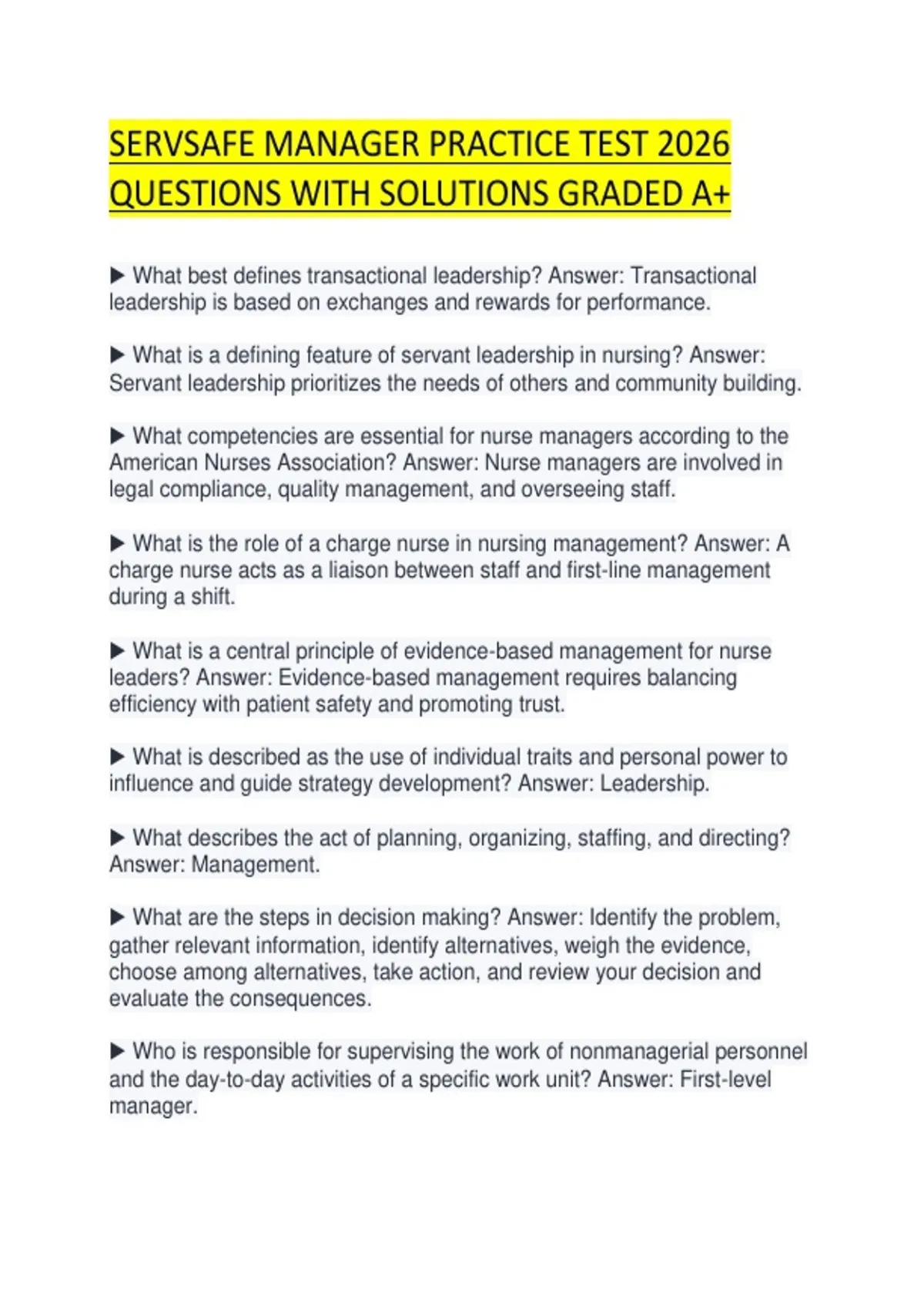 Sample Servsafe Manager Test SERVSAFE MANAGER PRACTICE TEST 2026 QUESTIONS WITH SOLUTIONS GRADED A+ ...