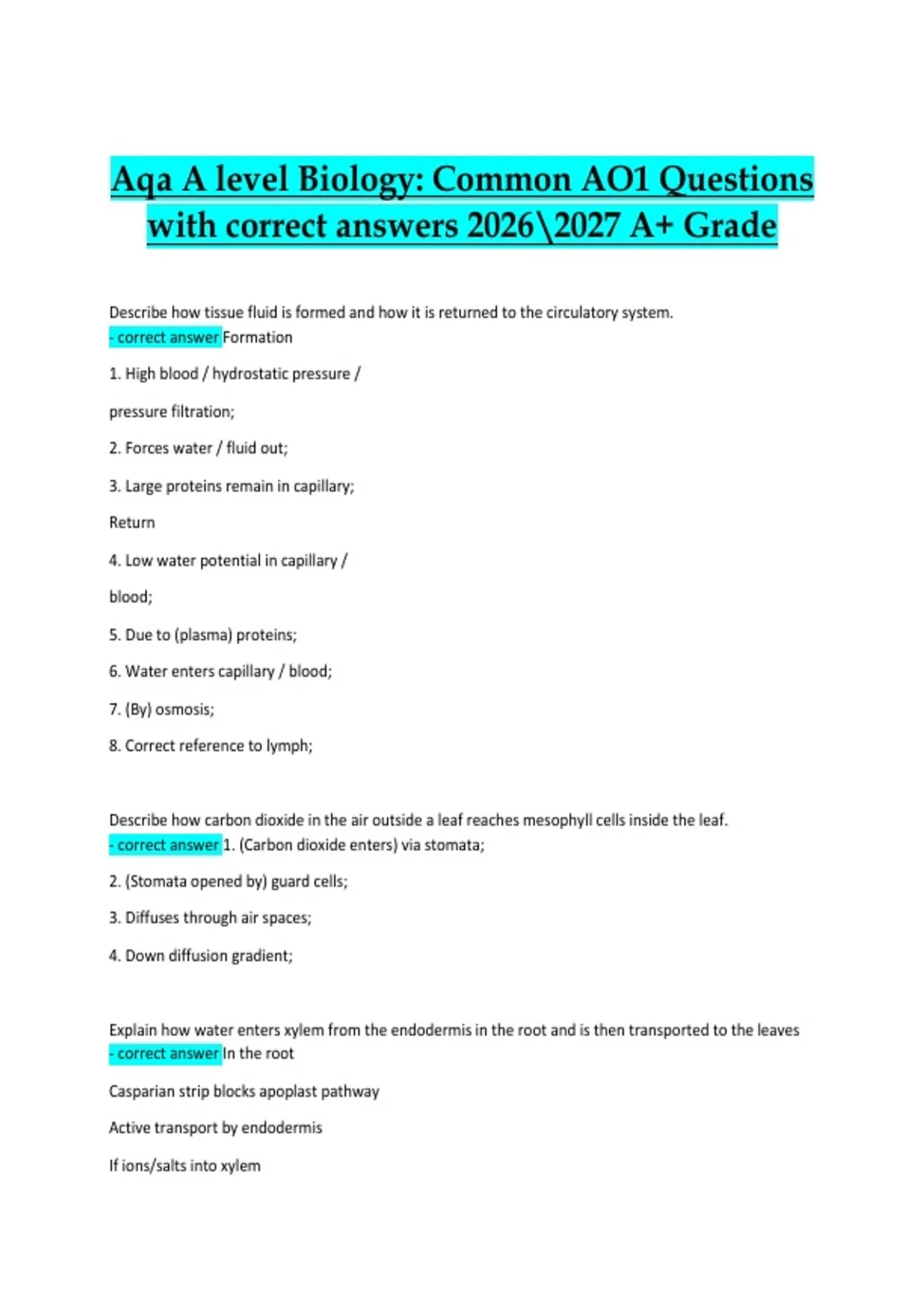 AQA A-Level Biology – Common AO1 Questions with Correct Answers 2026/ ...