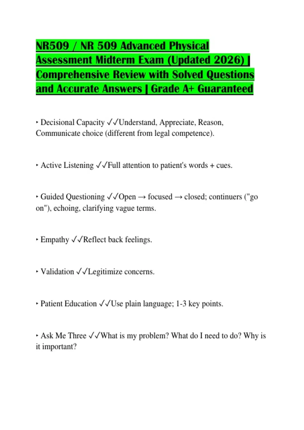 NR509 / NR 509 Advanced Physical Assessment Midterm Exam (Updated 2026 ...