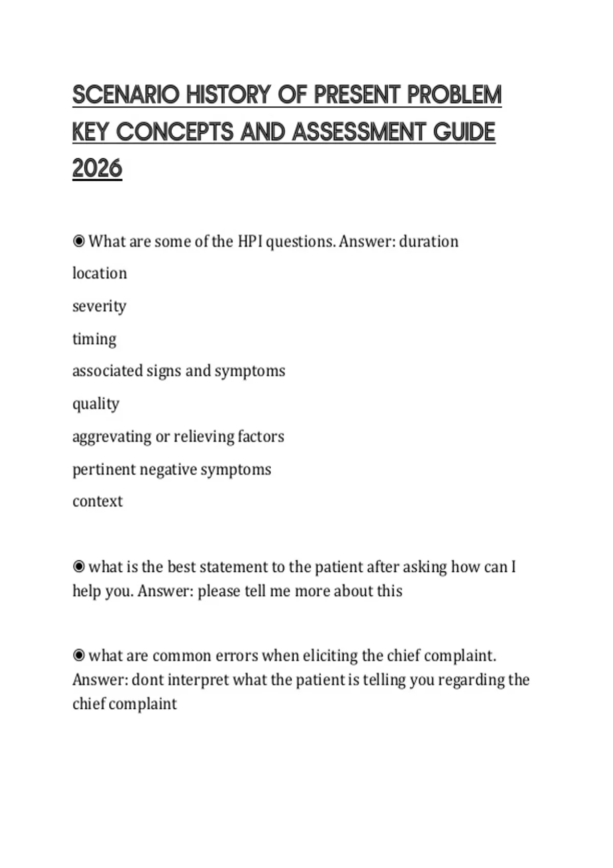 Problem Detailed History SCENARIO HISTORY OF PRESENT PROBLEM KEY CONCEPTS AND ASSESSMENT GUIDE ...
