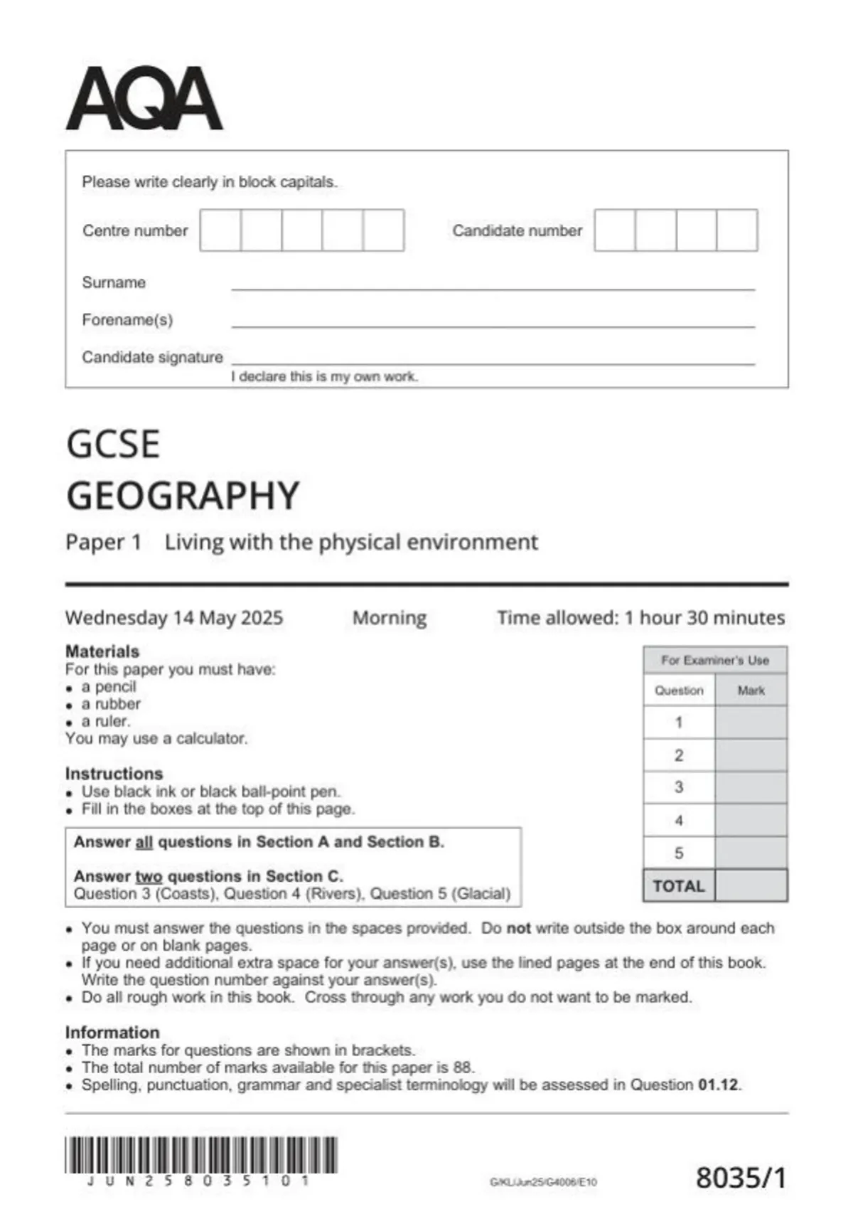 AQA GCSE Geography paper 1 2025 Question paper and Mark scheme (MERGED ...