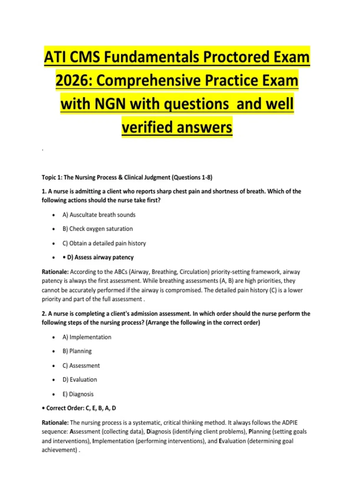 ATI CMS Fundamentals Proctored Exam 2026: Comprehensive Practice Exam with NGN with questions ...