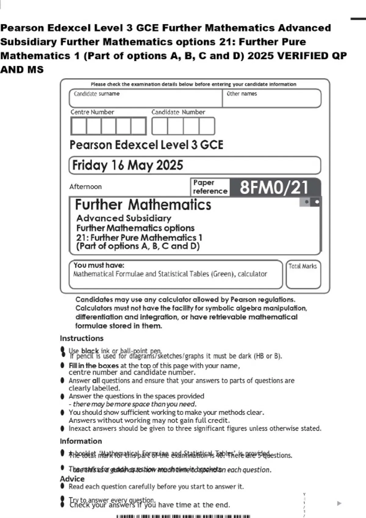 Pearson Edexcel Level 3 GCE Further Mathematics Advanced Subsidiary ...