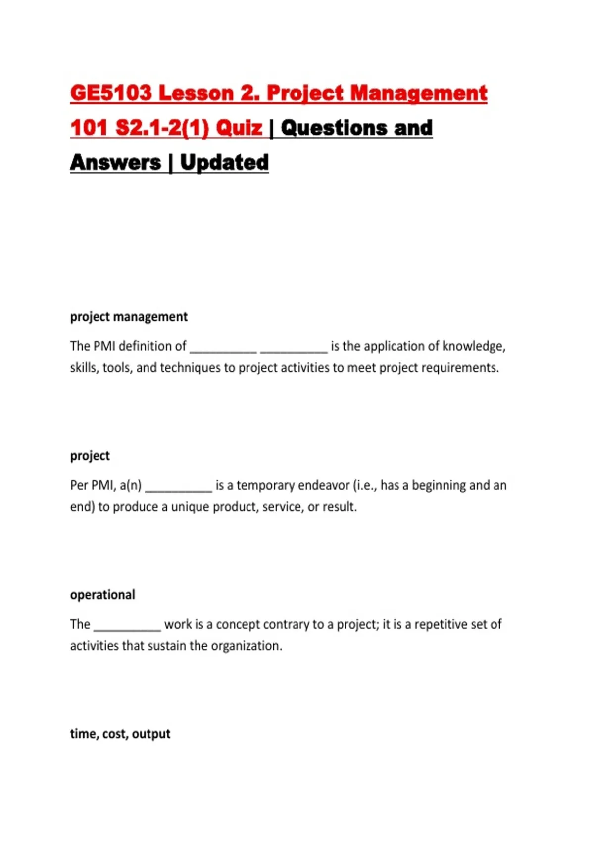GE5103 Project Management – Lesson 2 – Quiz Questions and Answers ...