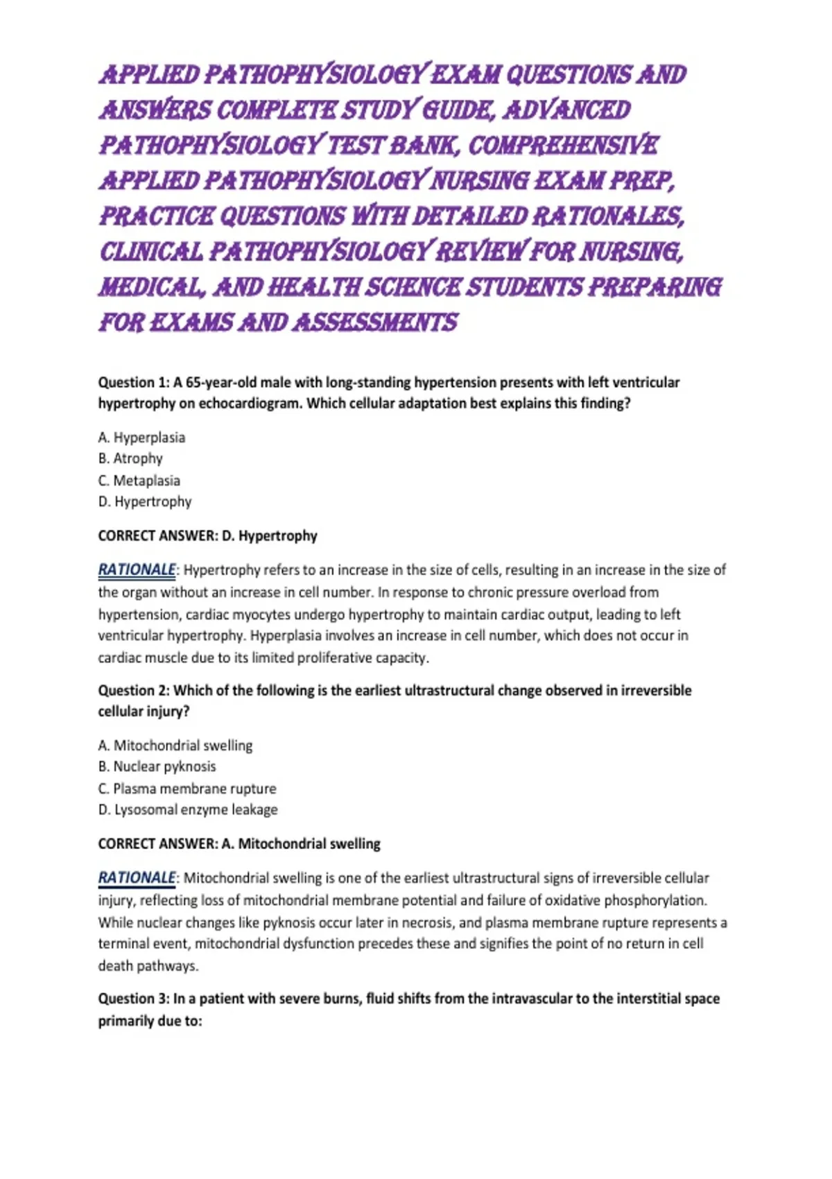Applied Pathophysiology Exam Questions and Answers Complete Study Guide ...