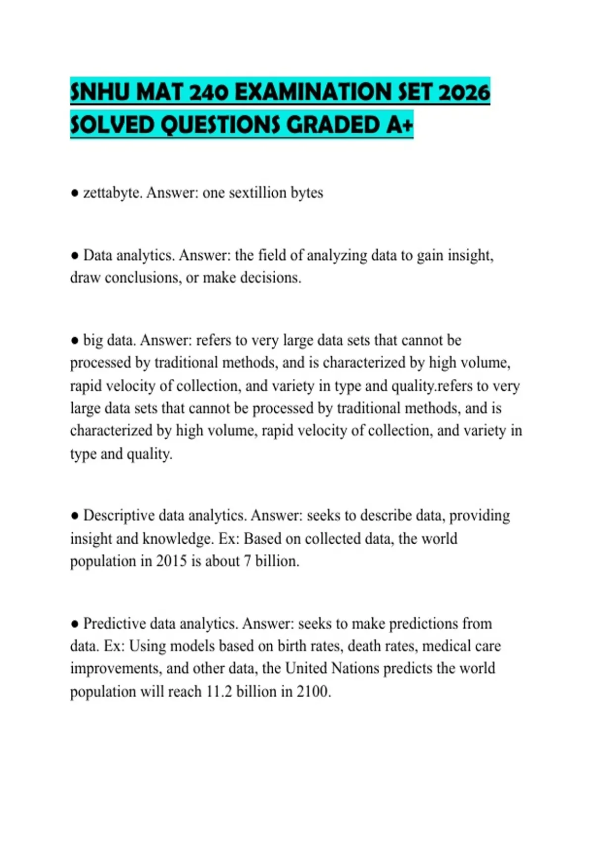 SNHU MAT 240 EXAMINATION SET 2026 SOLVED QUESTIONS GRADED A+ - SNHU MAT ...