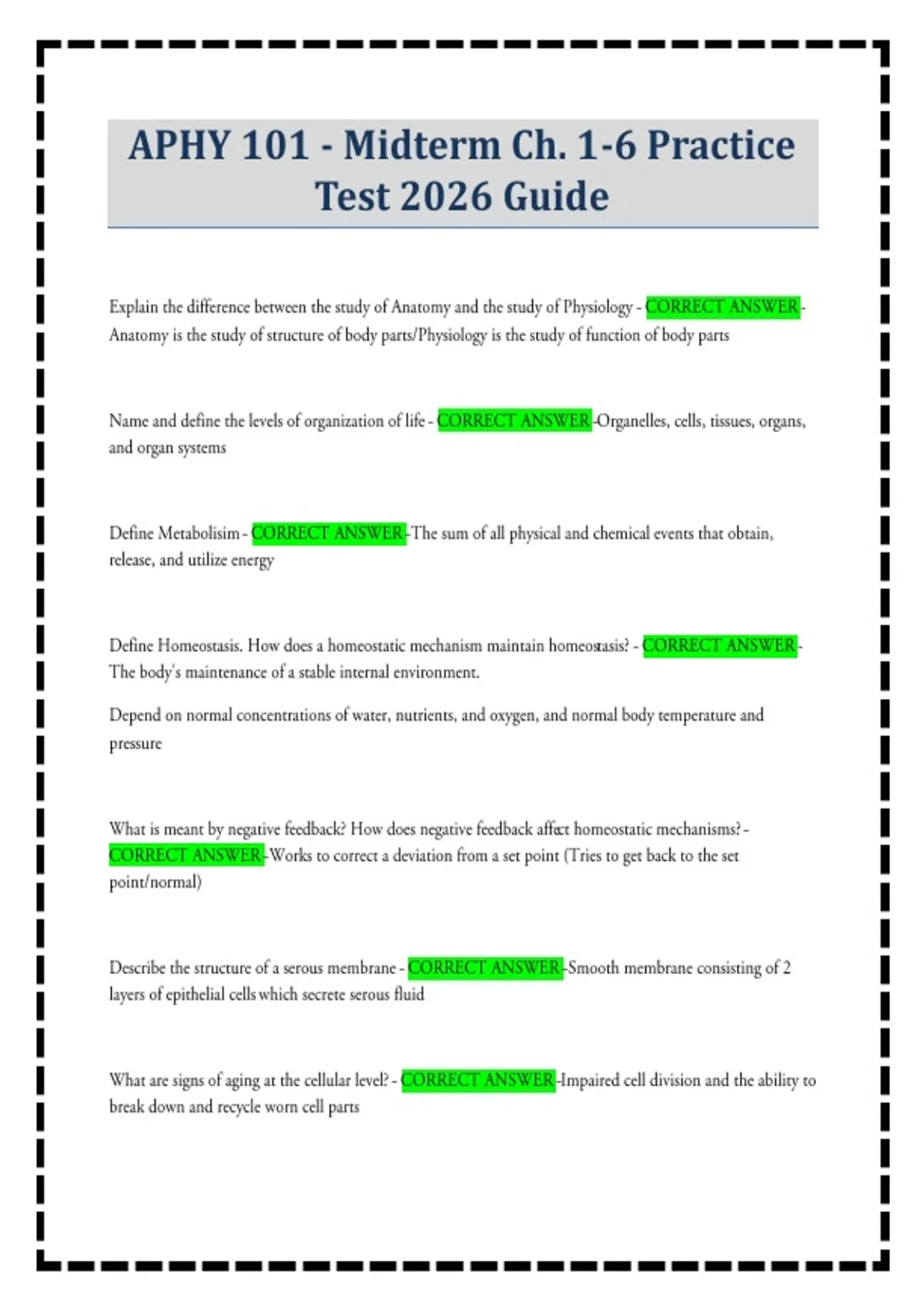 APHY 101 - Midterm Ch. 1-6 Practice Test 2026 Guide - APHY 101 - Stuvia US