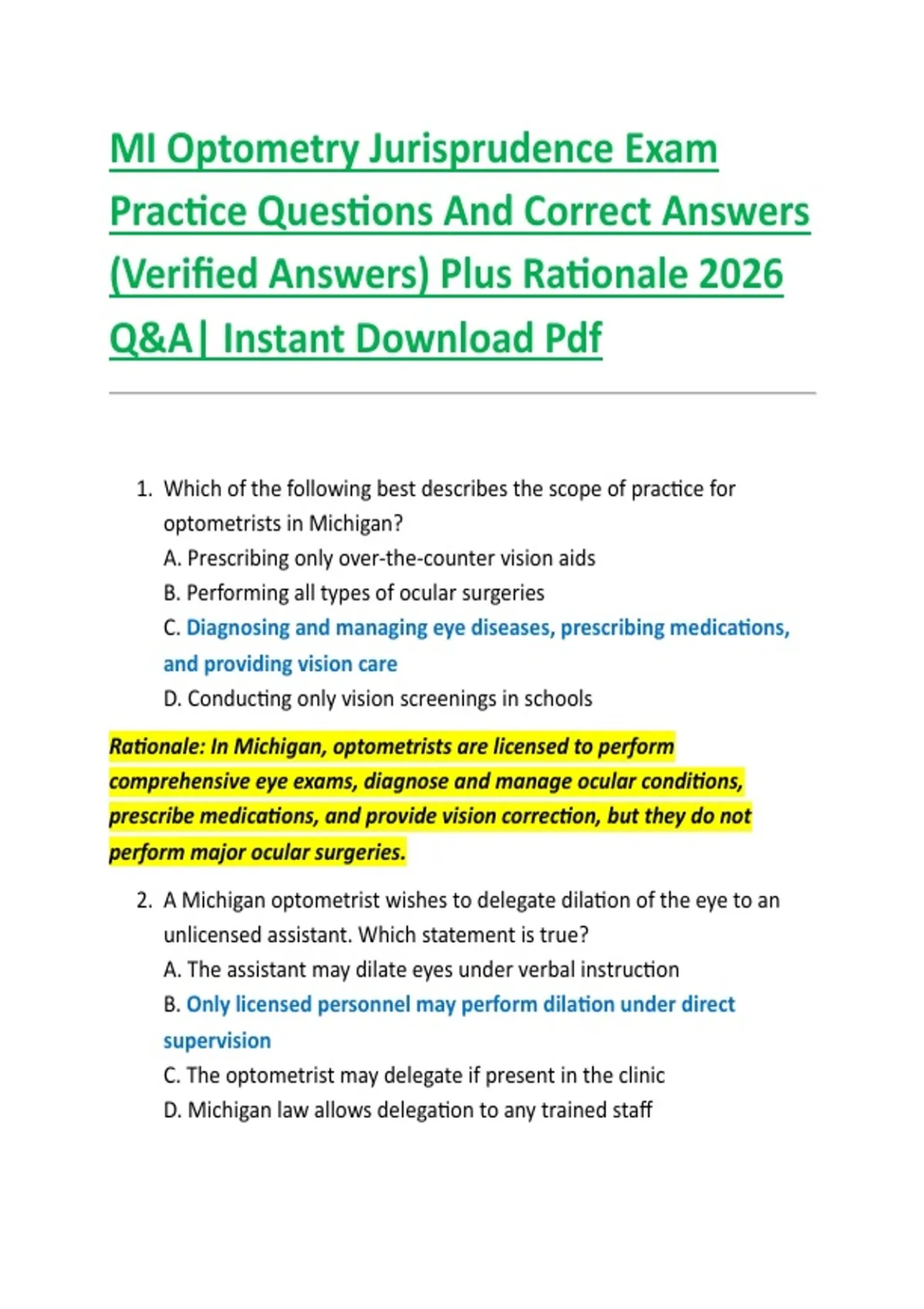 Optometry Instruments Osce Questions MI Optometry Jurisprudence Exam Practice Questions And Correct Answers ...