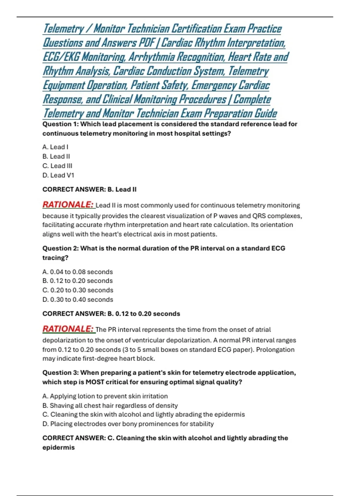 Telemetry / Monitor Technician Certification Exam Practice Questions and Answers PDF | Cardiac ...