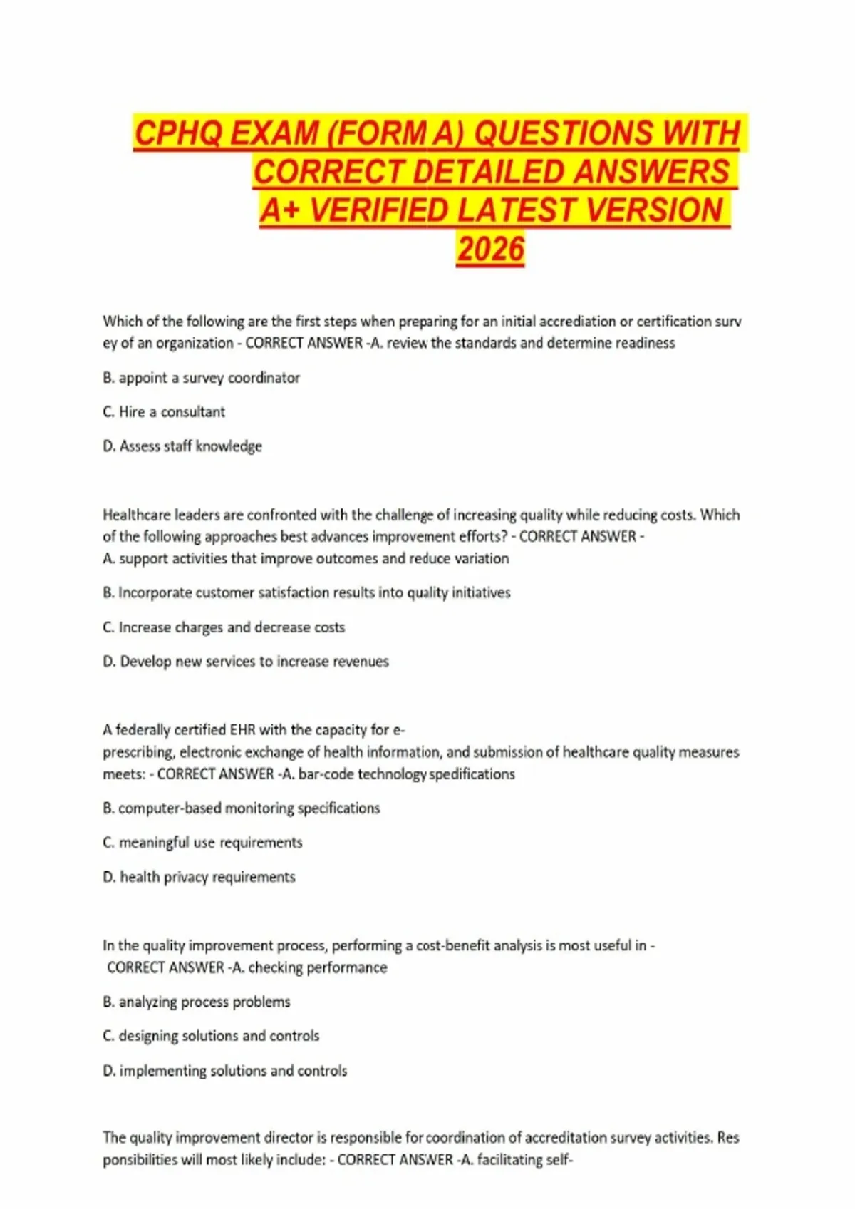 CPHQ – Certified Professional in Healthcare Quality Exam (Form A ...