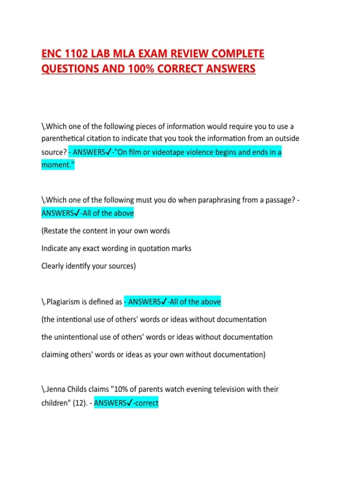 ENC 1102 LAB MLA EXAM REVIEW COMPLETE QUESTIONS AND 100% CORRECT ...