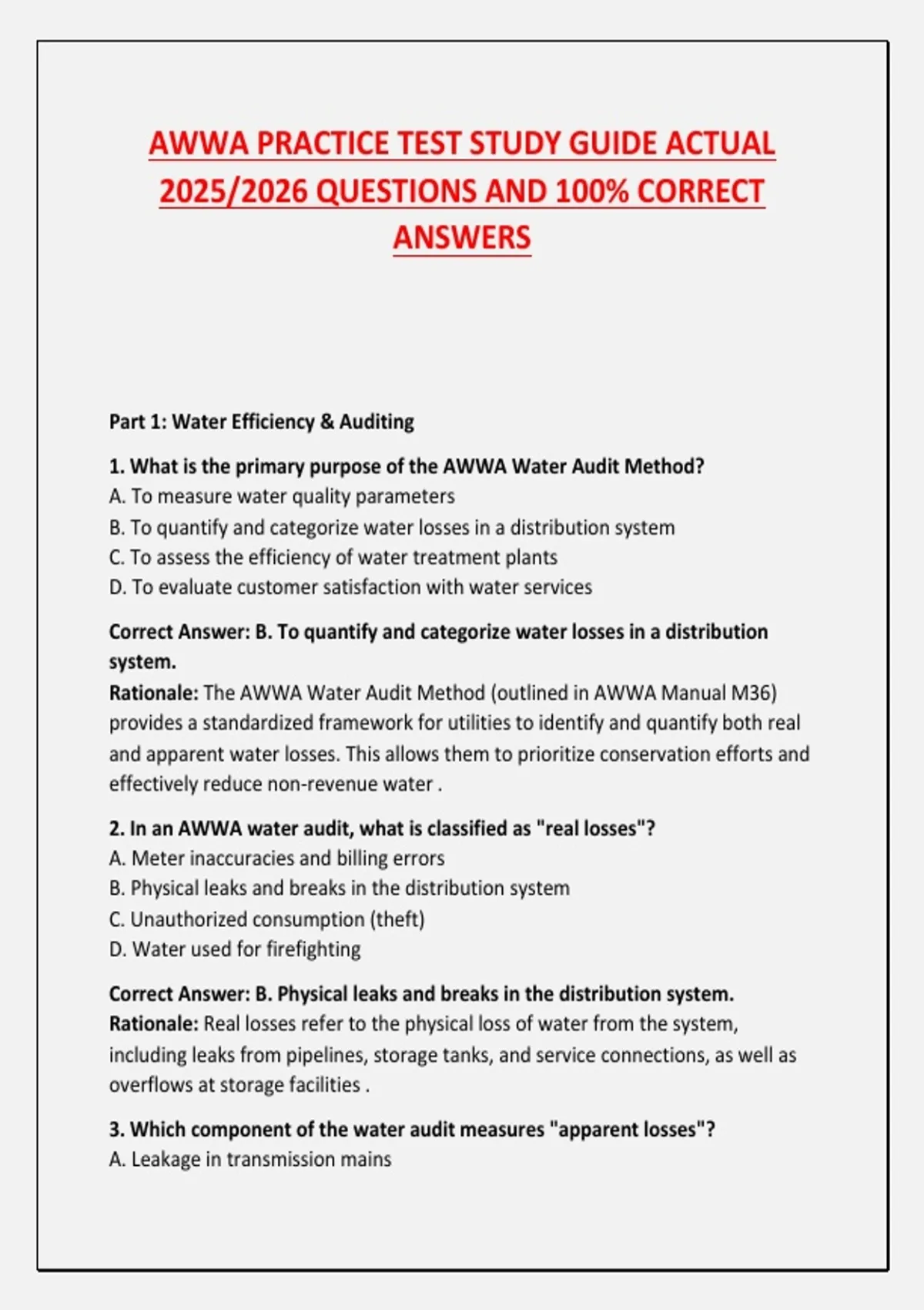 AWWA PRACTICE TEST STUDY GUIDE ACTUAL 2025/2026 QUESTIONS AND 100% ...
