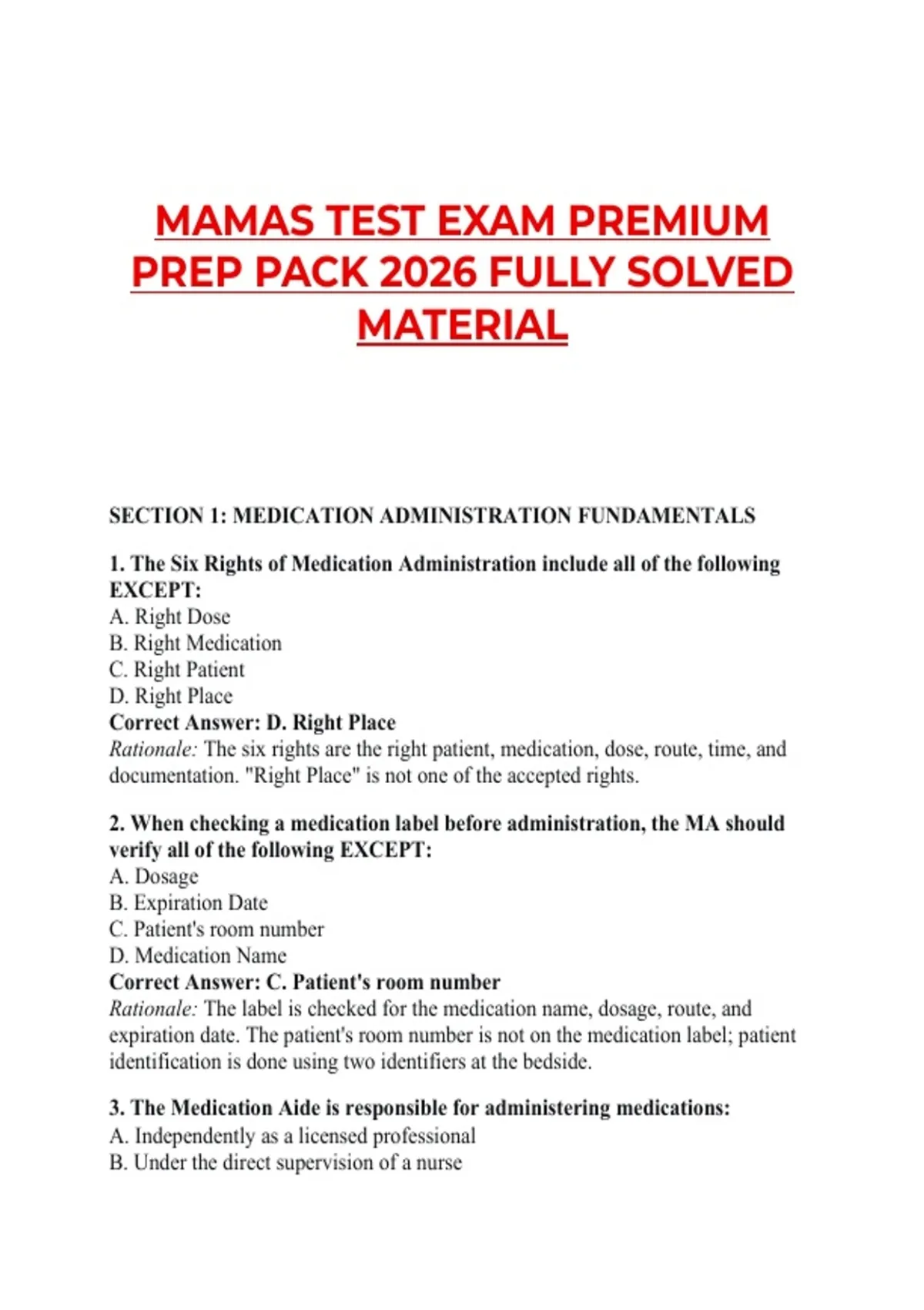 MAMAS TEST EXAM PREMIUM PREP PACK 2026 FULLY SOLVED MATERIAL SECTION 1 ...