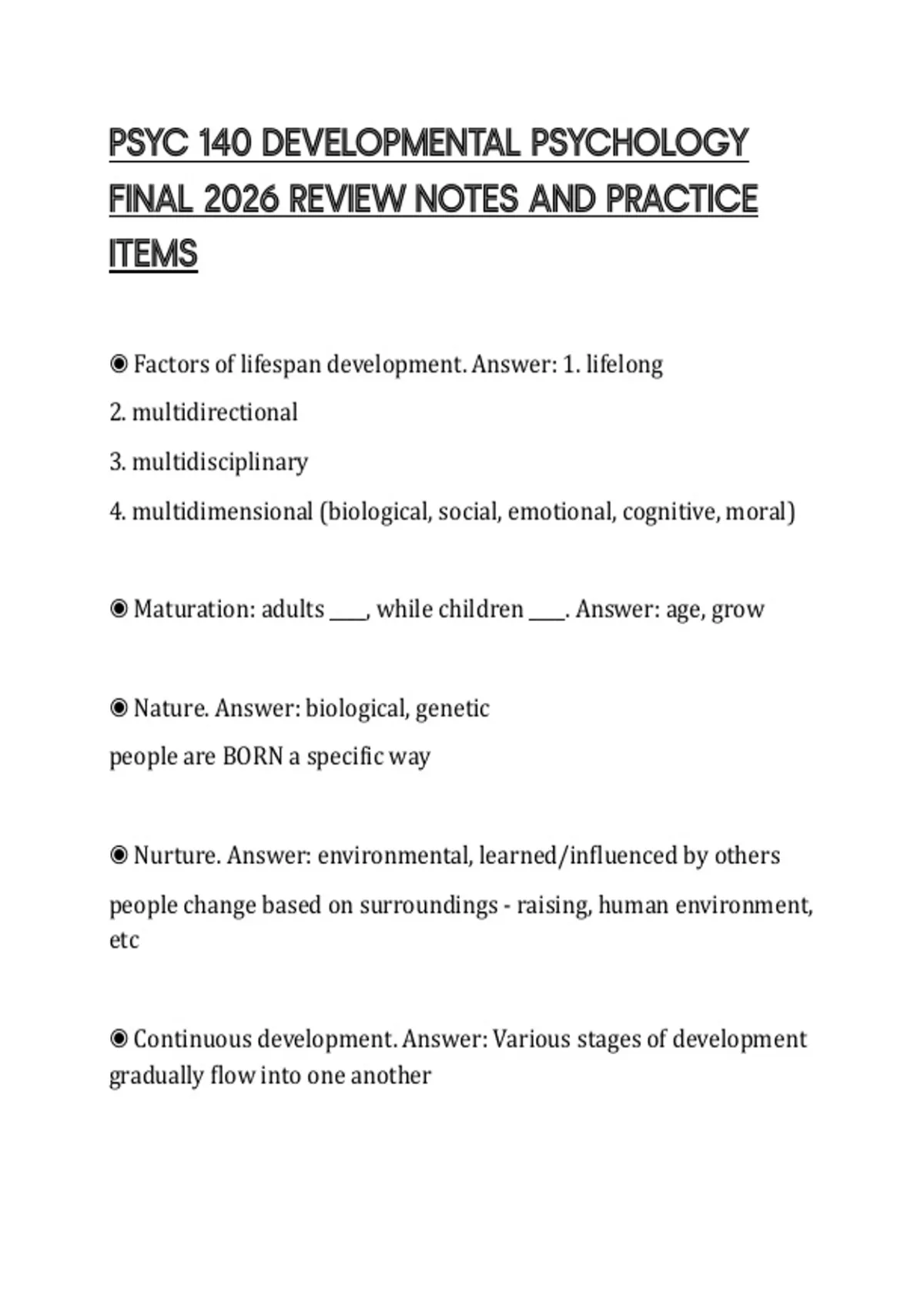 PSYC 140 DEVELOPMENTAL PSYCHOLOGY FINAL 2026 REVIEW NOTES AND PRACTICE ...