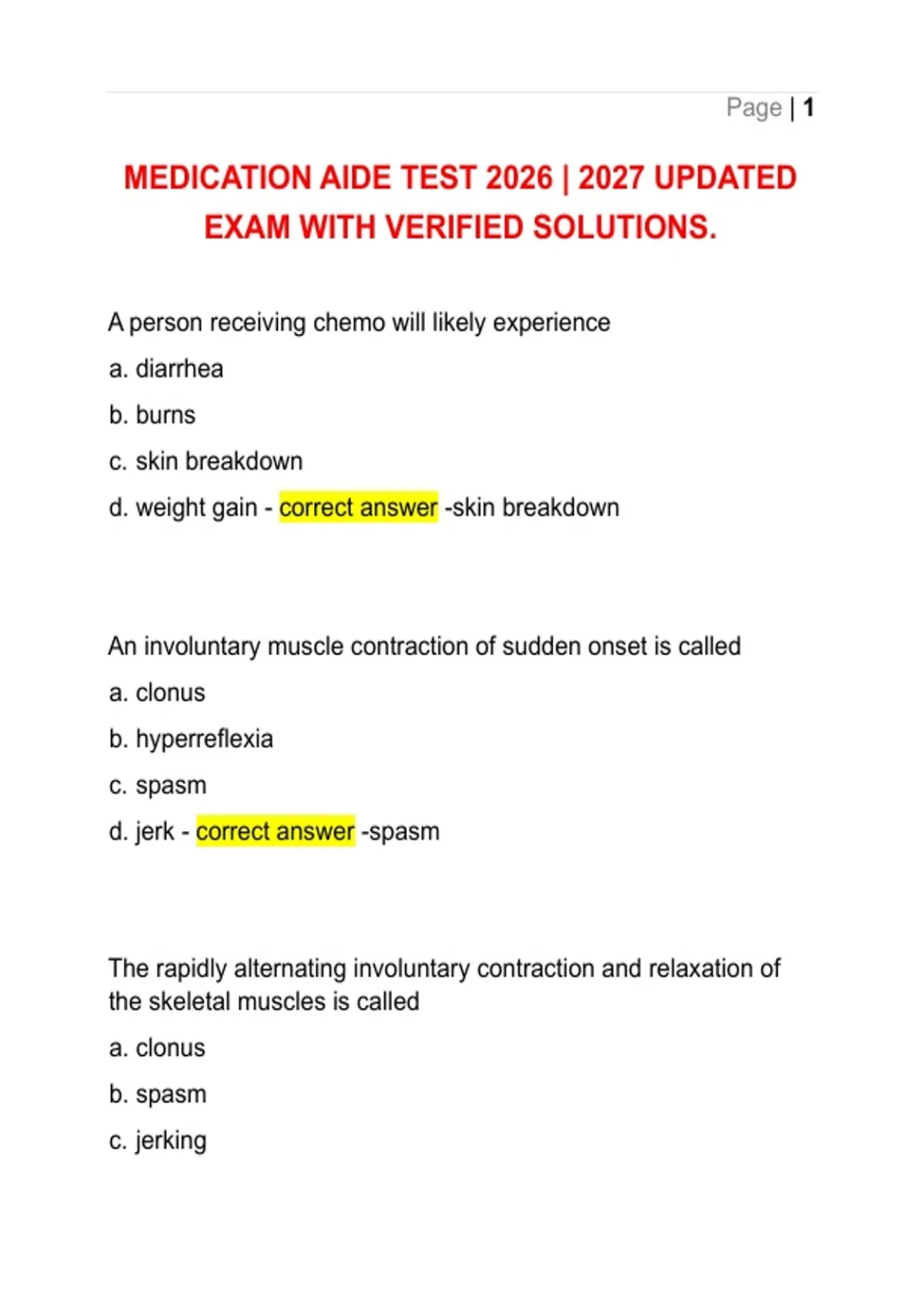 MEDICATION AIDE TEST 2026 | 2027 UPDATED EXAM WITH VERIFIED SOLUTIONS ...