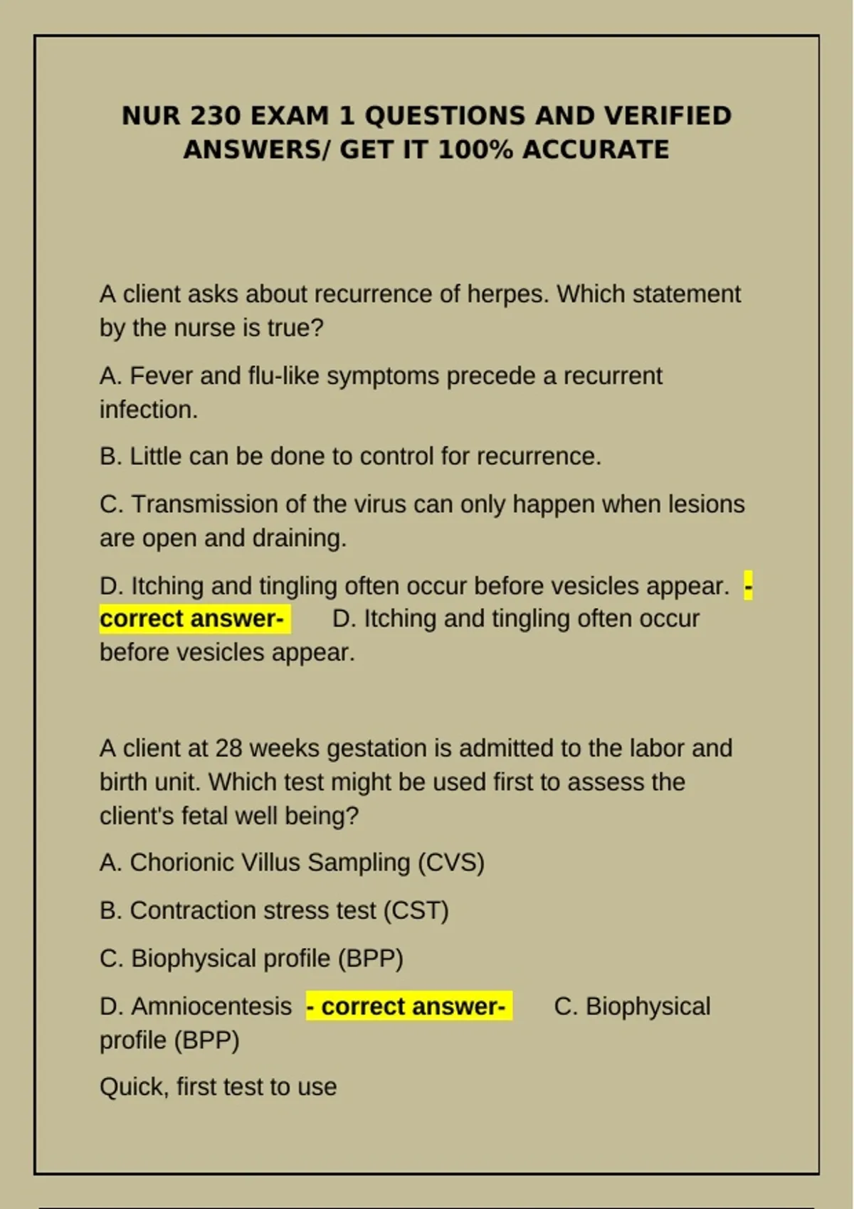 NUR 230 Exam 1 Questions and Verified Answers | Get It 100% Accurate ...
