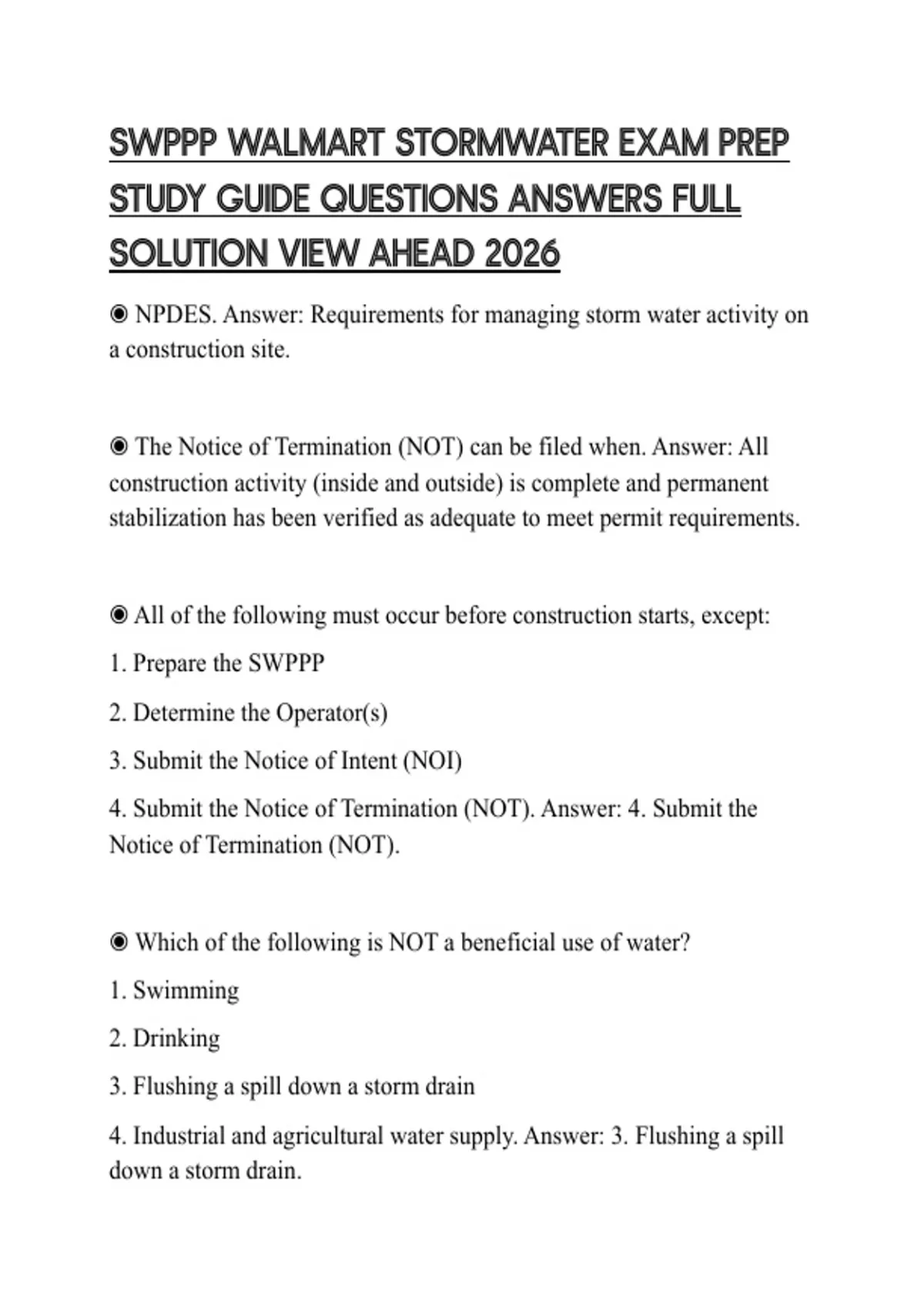 SWPPP WALMART STORMWATER EXAM PREP STUDY GUIDE QUESTIONS ANSWERS FULL ...