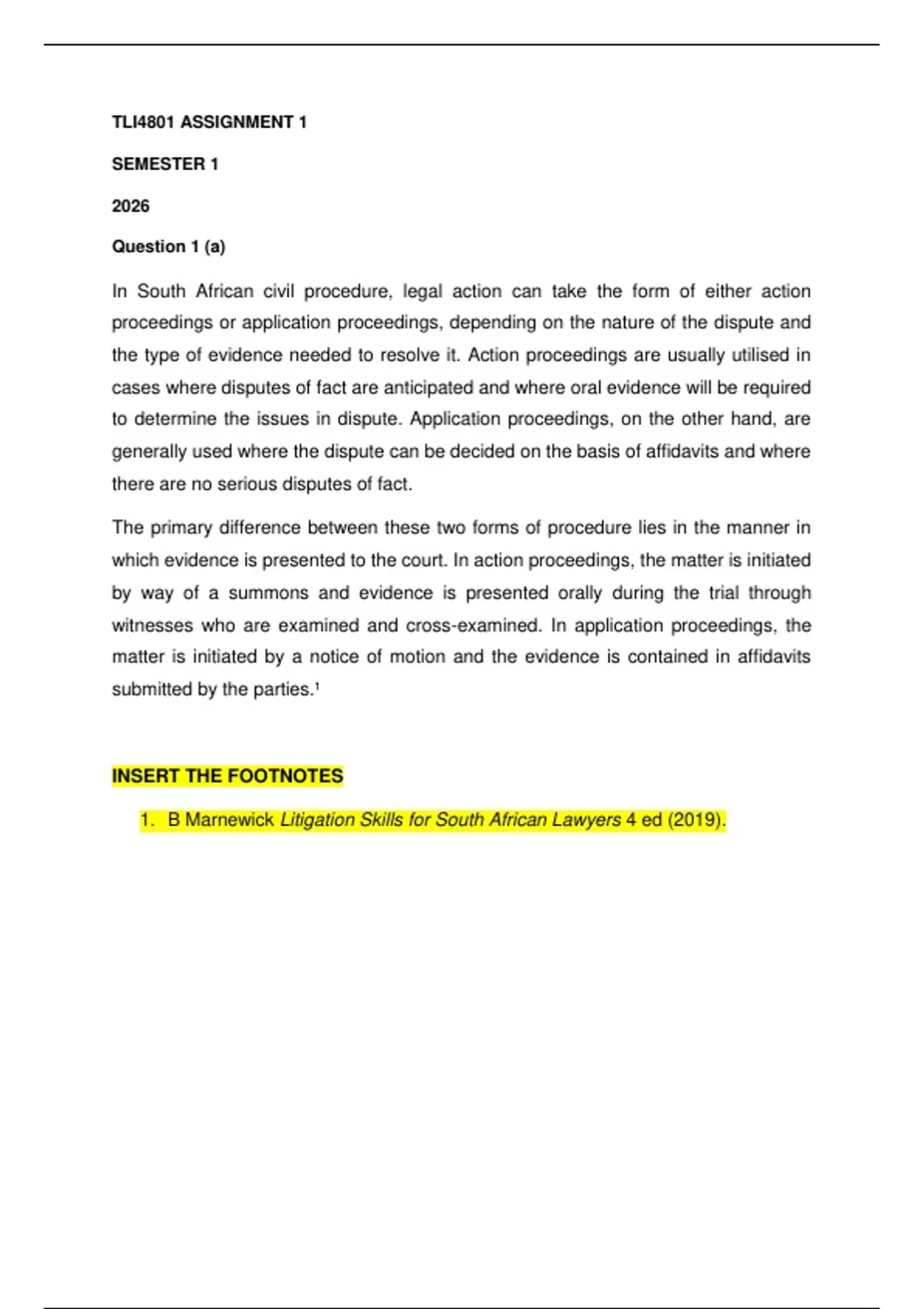 TLI4801 Civil Procedure – Assignment 1 Solutions, UNISA, 2026 – Action ...