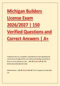 Michigan Builders  License Exam  2026&sol;2027 &vert; 150  Verified Questions and  Correct Answers &vert; A&plus; 